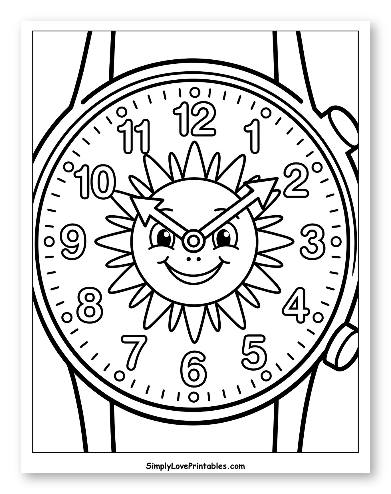 Smiling Sun Wristwatch Outline Coloring Sheet for Toddlers