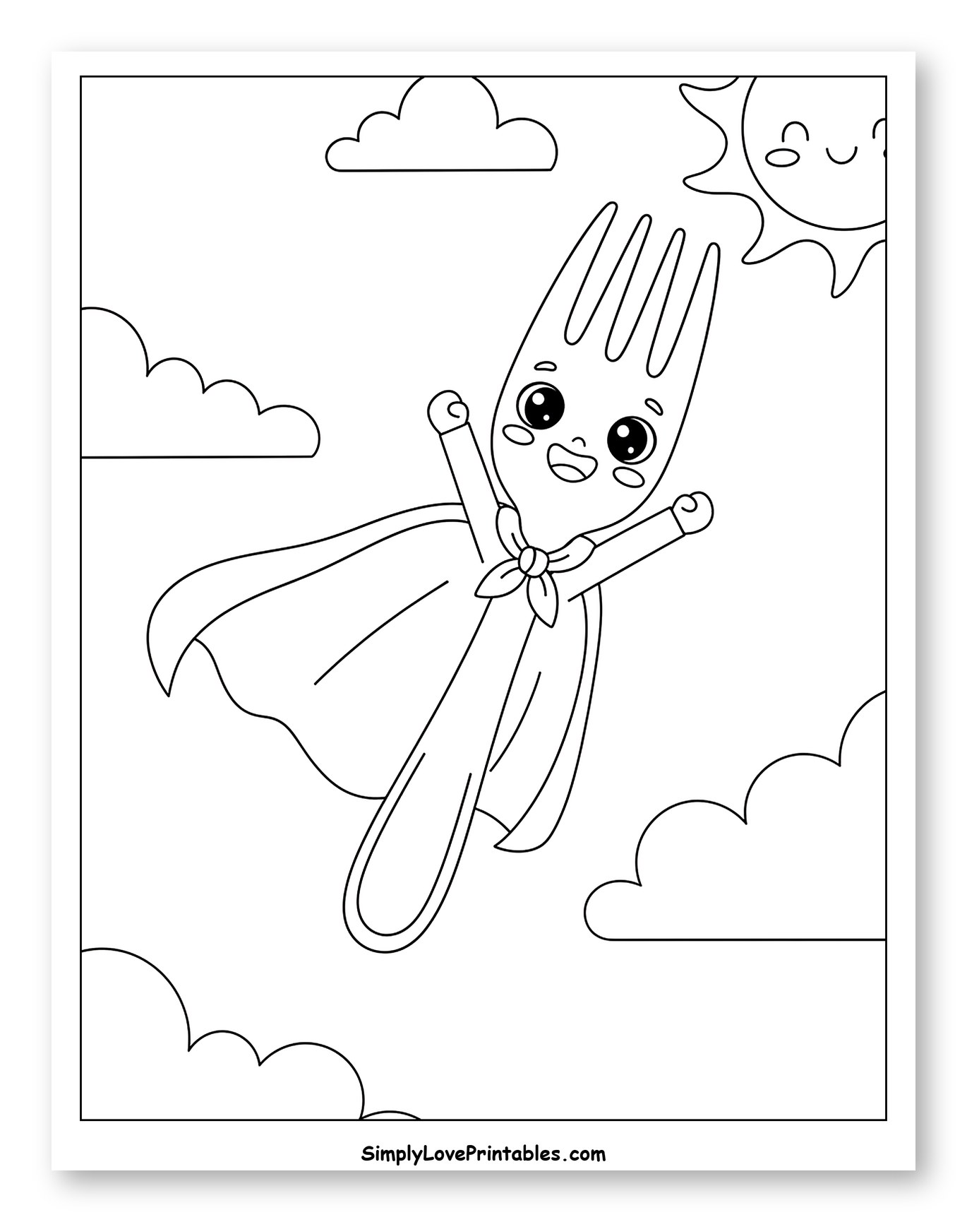 Smiling Superhero Fork Flying in the Sky Coloring Page for Kids
