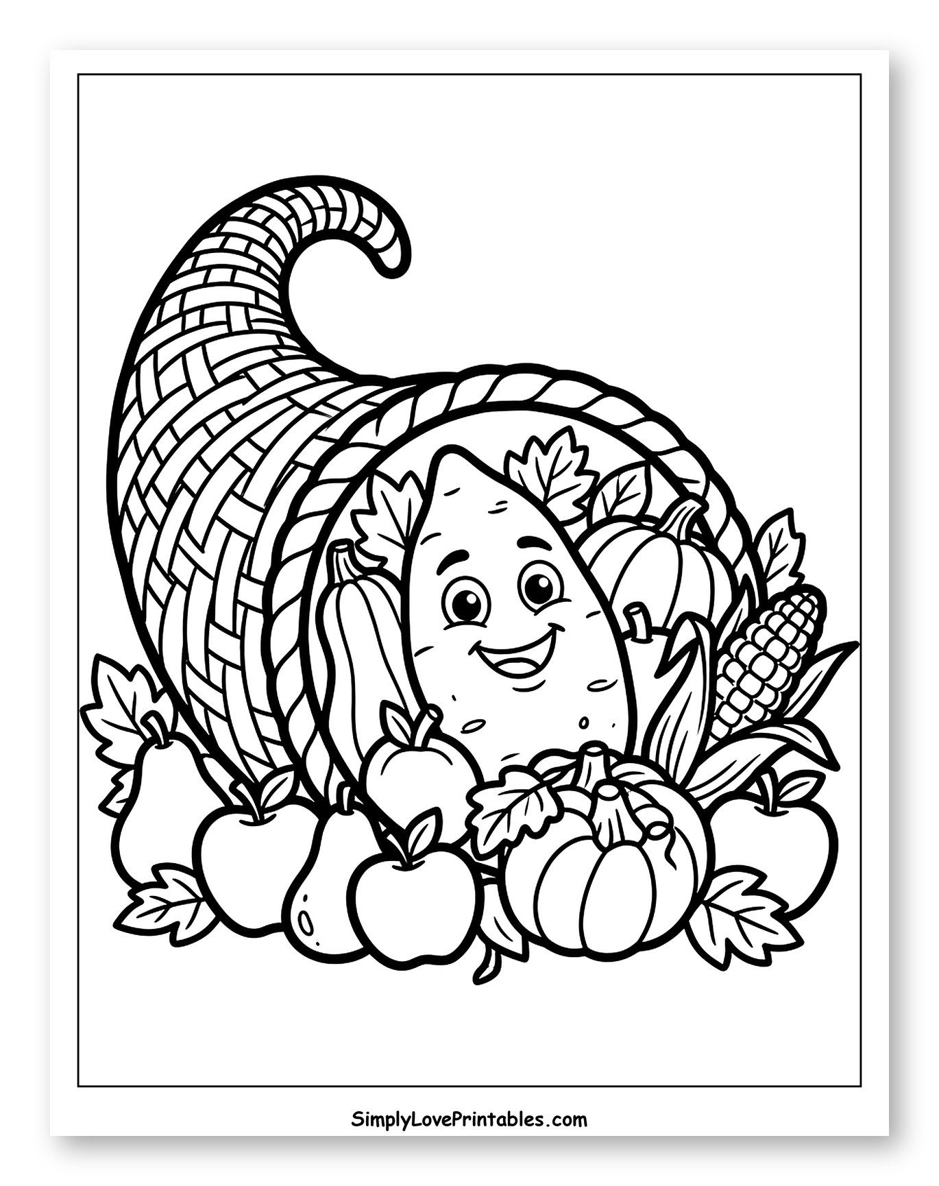 Smiling Sweet Potato in a Bountiful Cornucopia Coloring Page for Toddlers