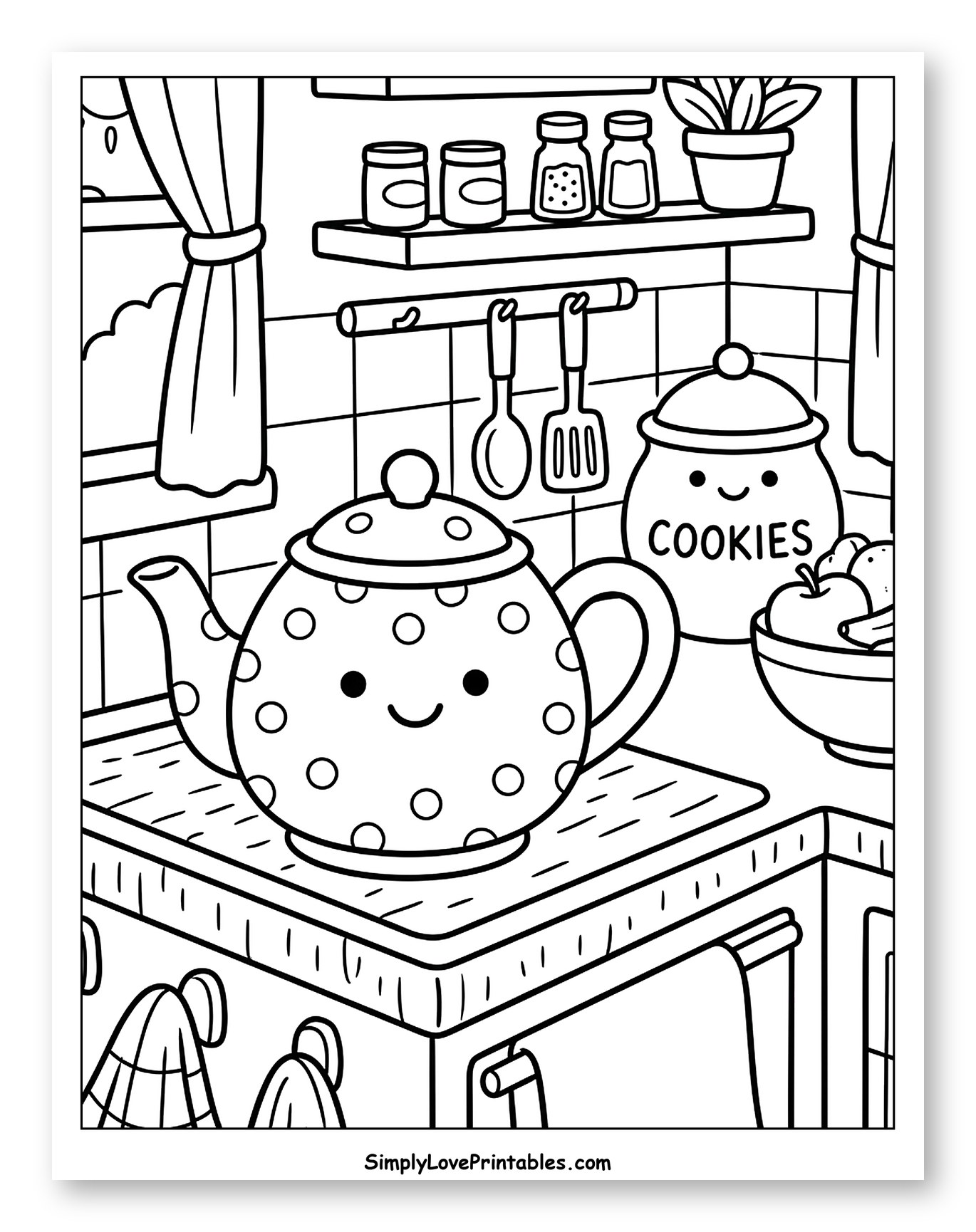 Smiling Teapot in a Cozy Kitchen Coloring Sheet for Kids