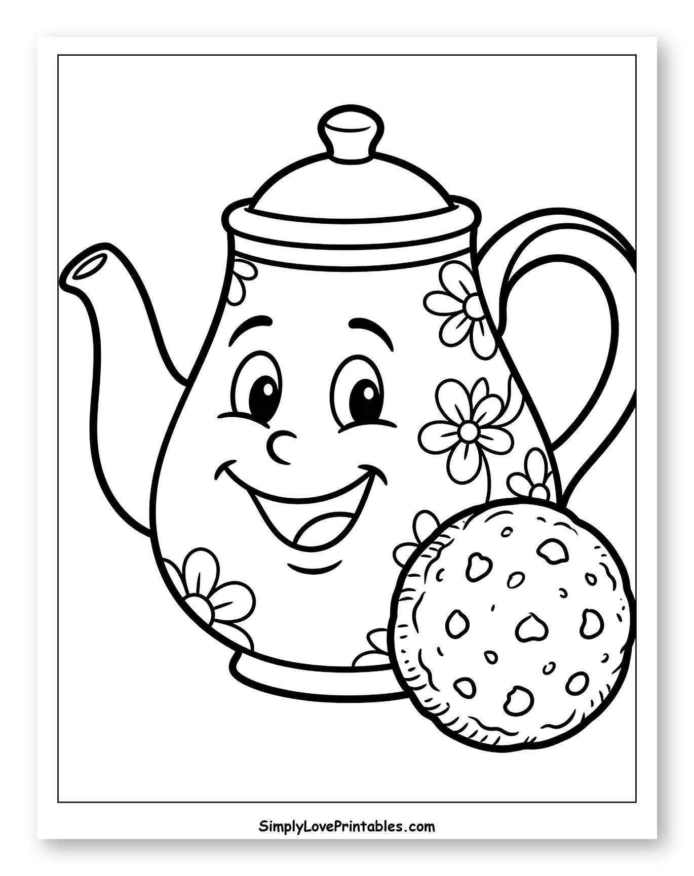 Smiling Teapot with Flowers and Cookie