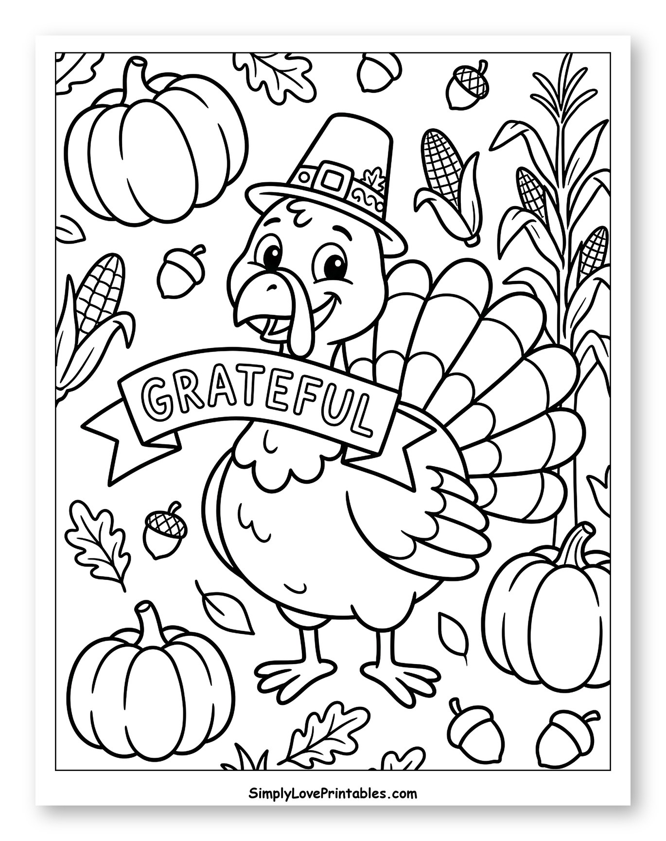 Smiling Thanksgiving Turkey with Grateful Banner to Color for Kids