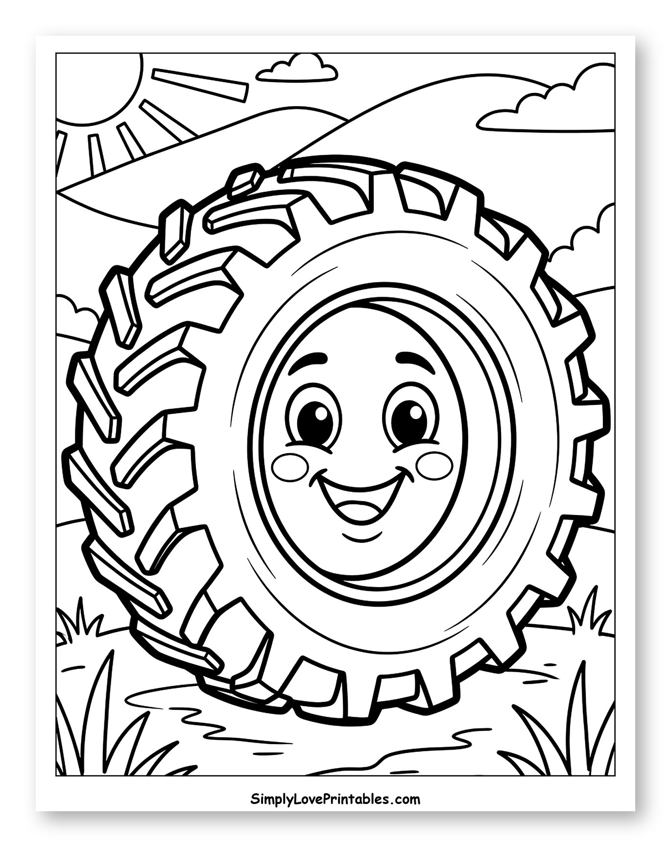 Smiling Tire Character in a Sunny Landscape Coloring Sheet for Toddlers