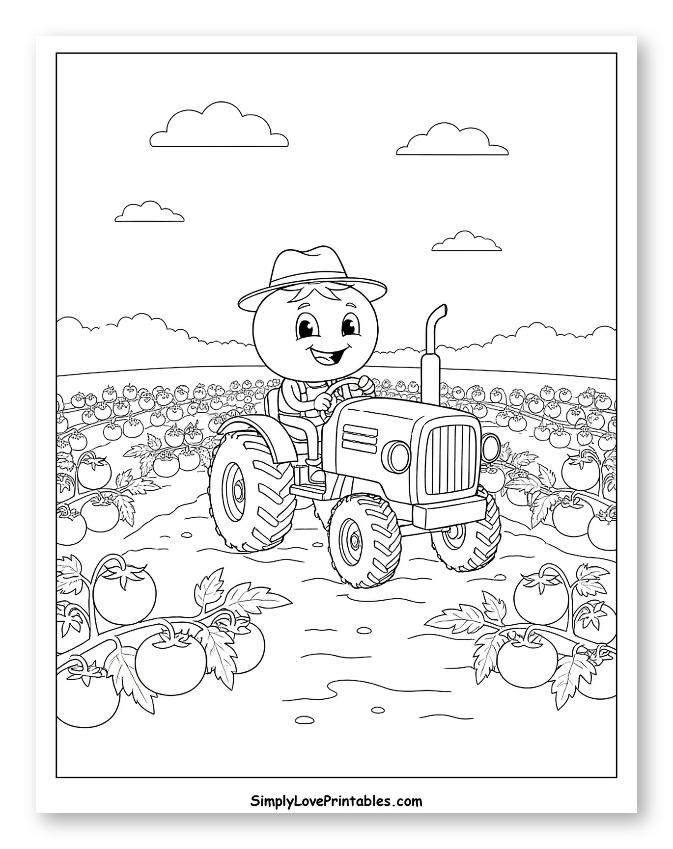 Smiling Tomato Driving Tractor in Farm to Color for Kids