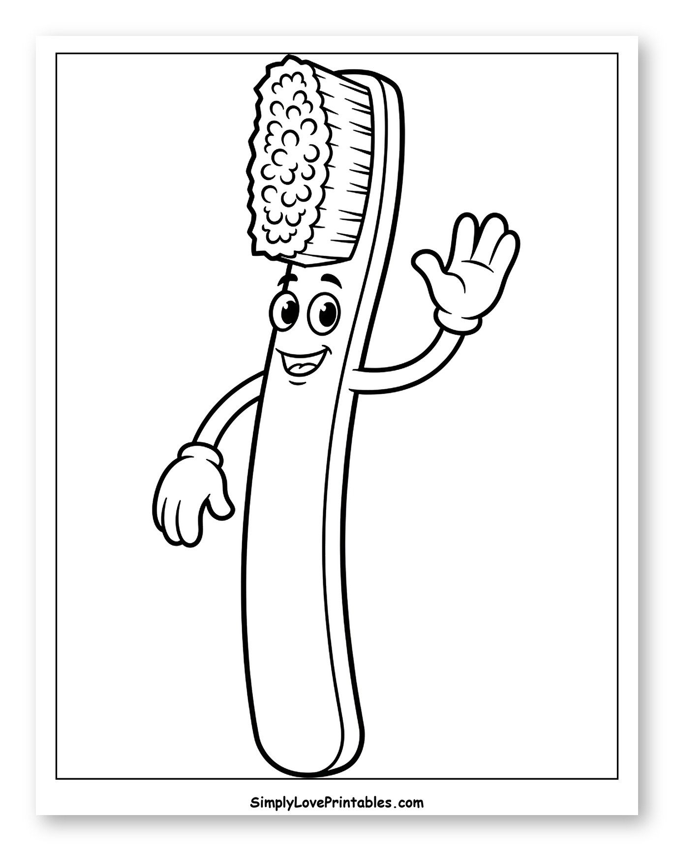Smiling Toothbrush Character Waving Hello Coloring Page for Toddlers