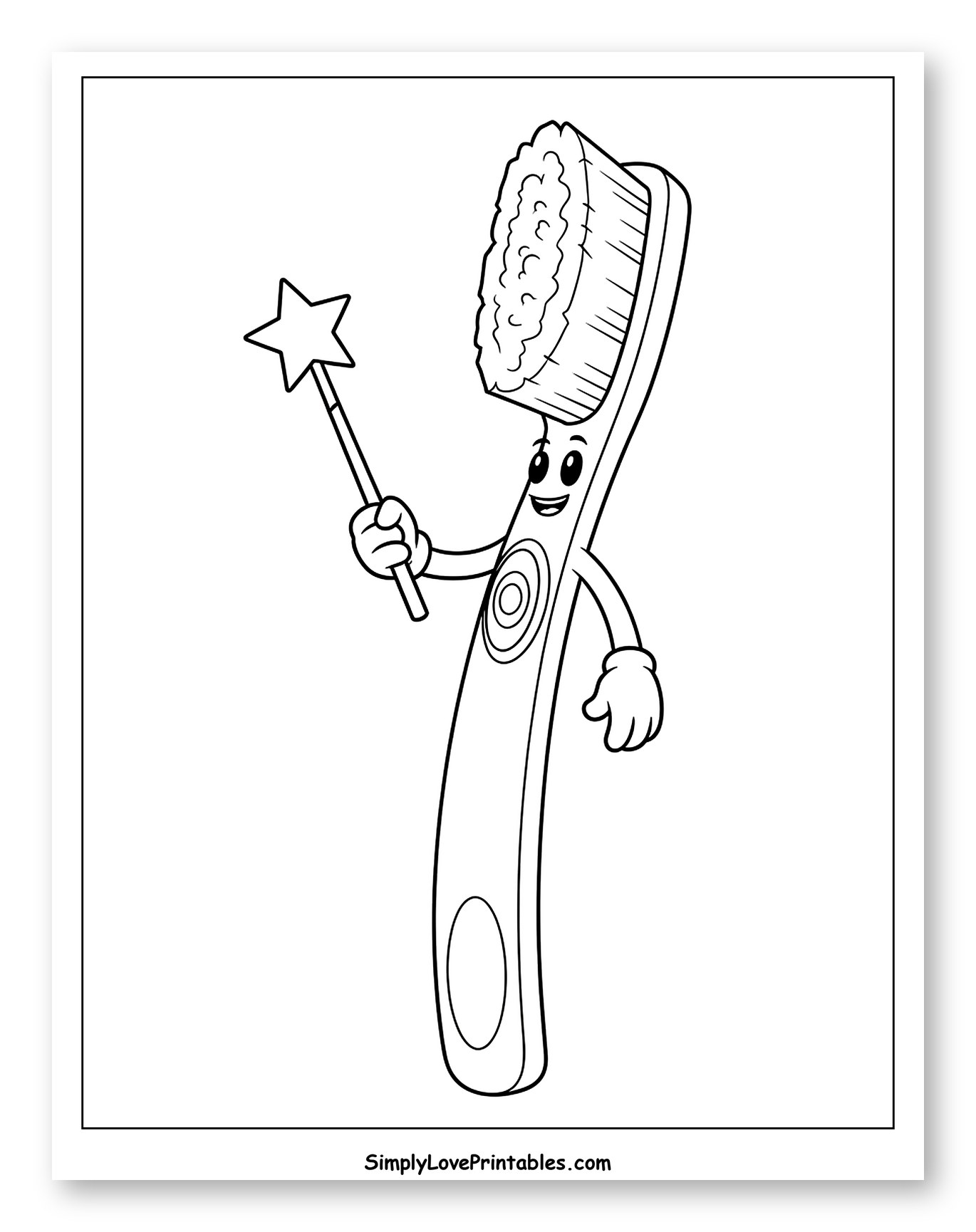 Smiling Toothbrush Holding a Star Magic Wand Coloring Sheet for Toddlers