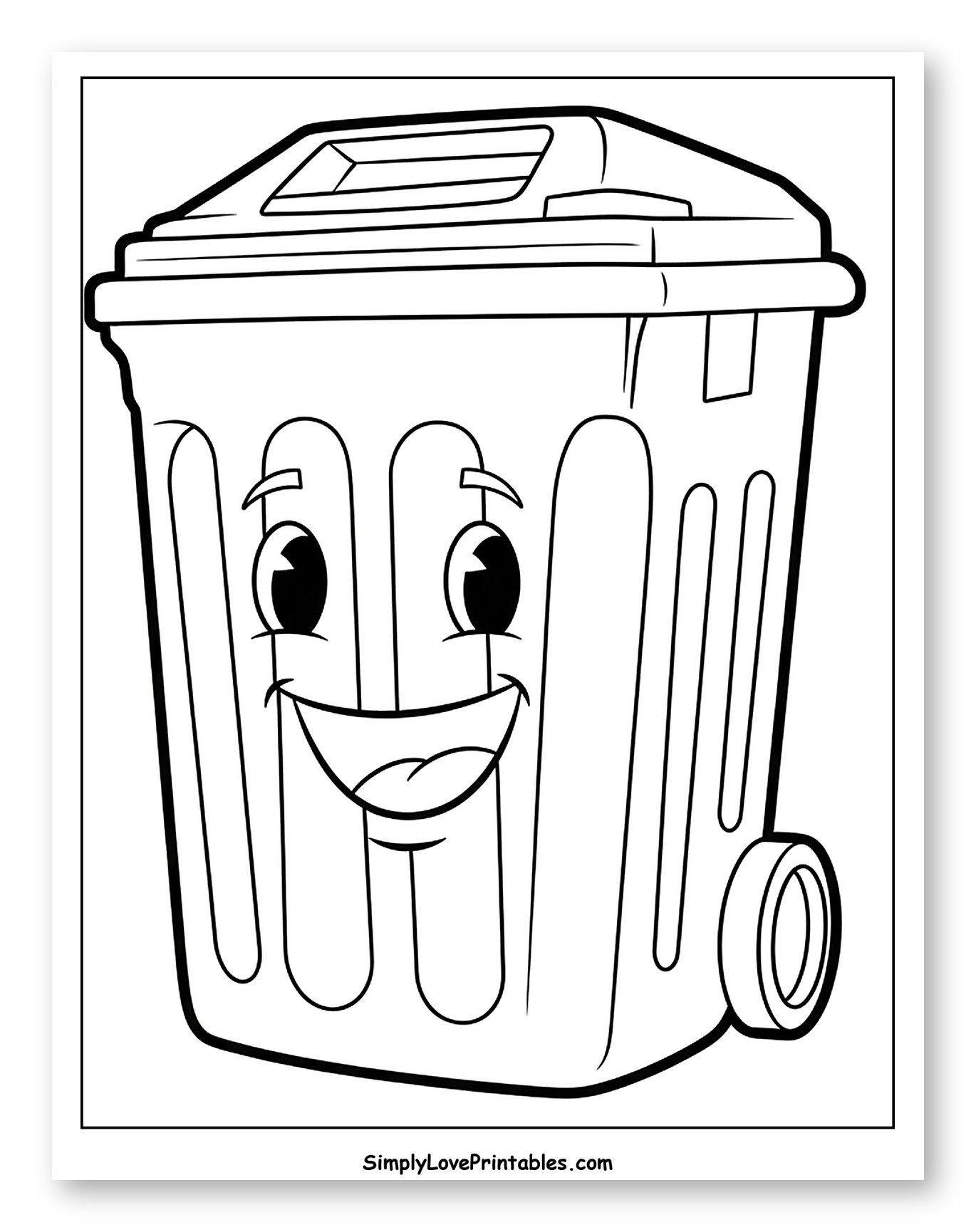 Smiling Trash Can with Lid and Wheels Coloring Page for Toddlers