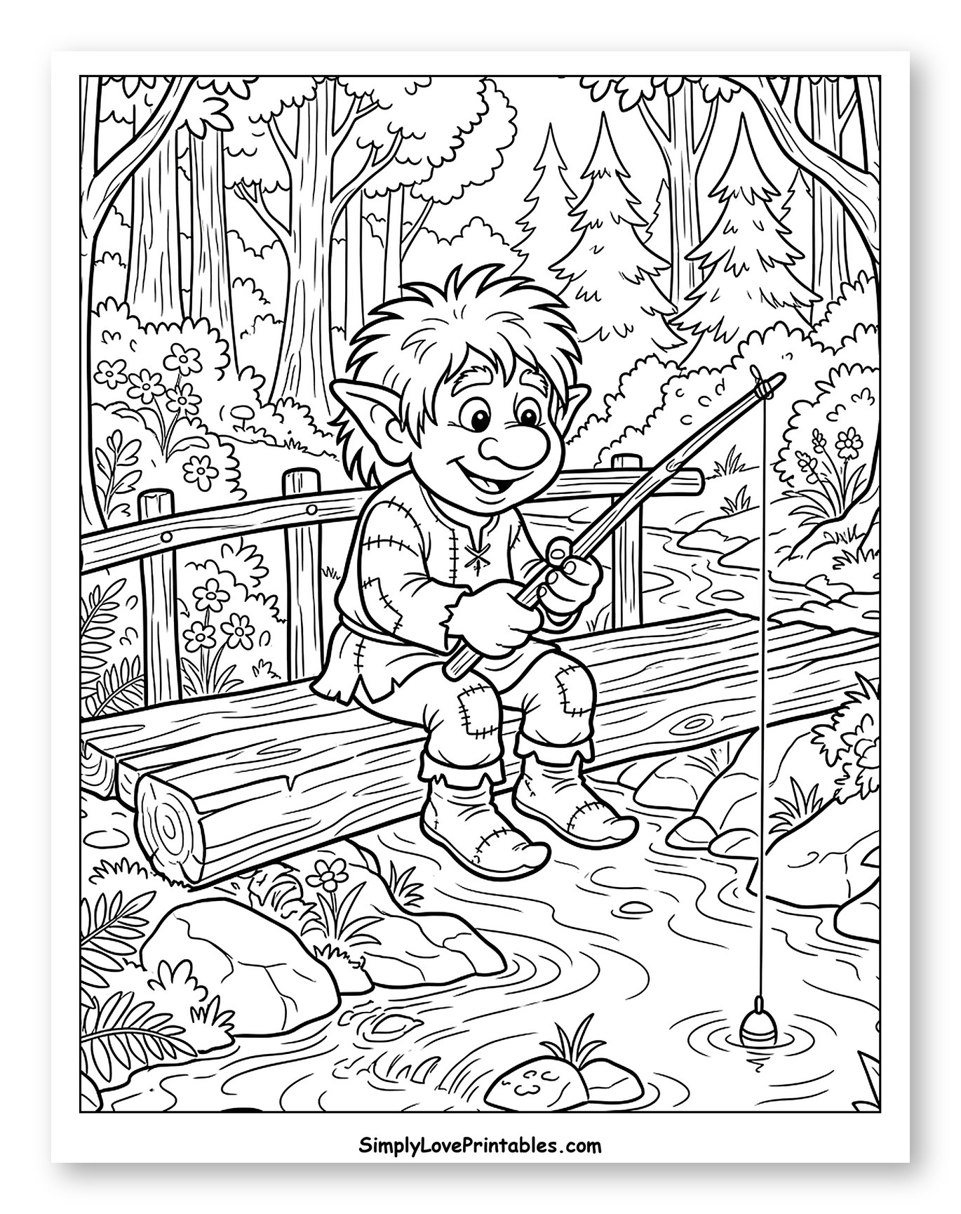 Smiling Troll Fishing on a Log Bridge to Color for Kids