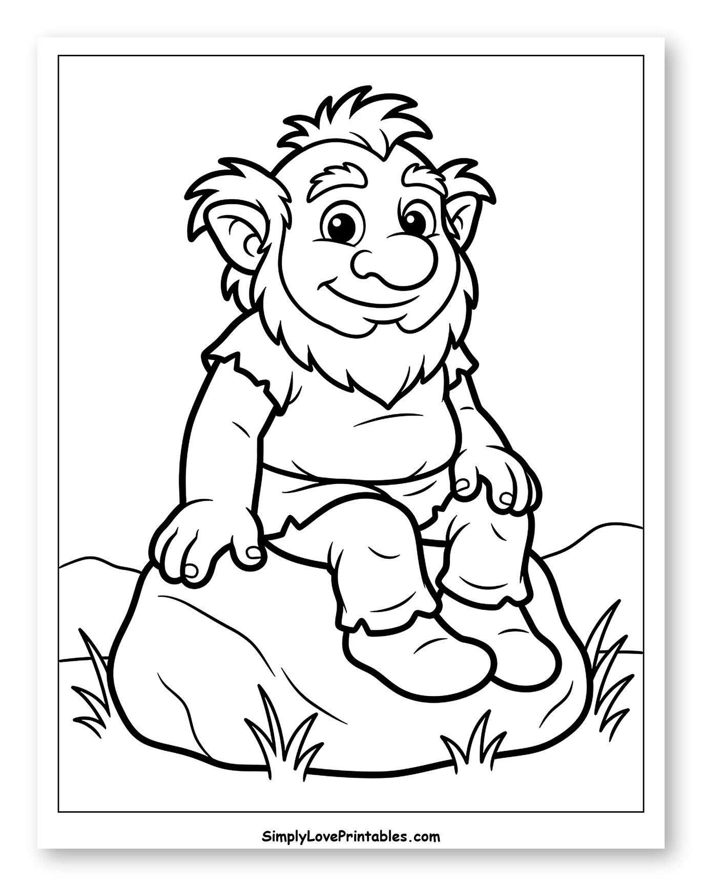Smiling Troll Sitting on a Boulder Coloring Page for Toddlers