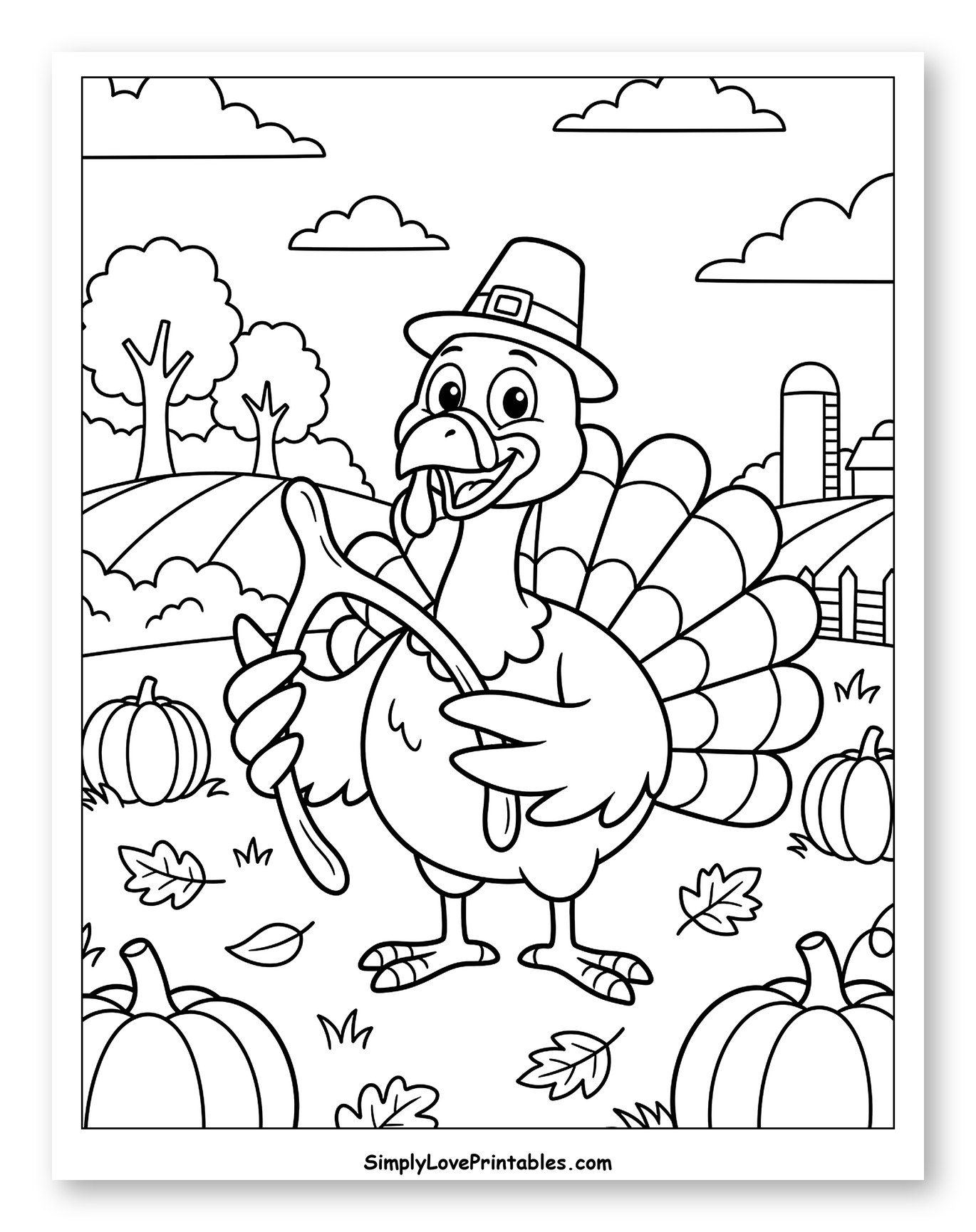 Smiling Turkey Pilgrim in Autumn Scene Coloring Sheet for Kids