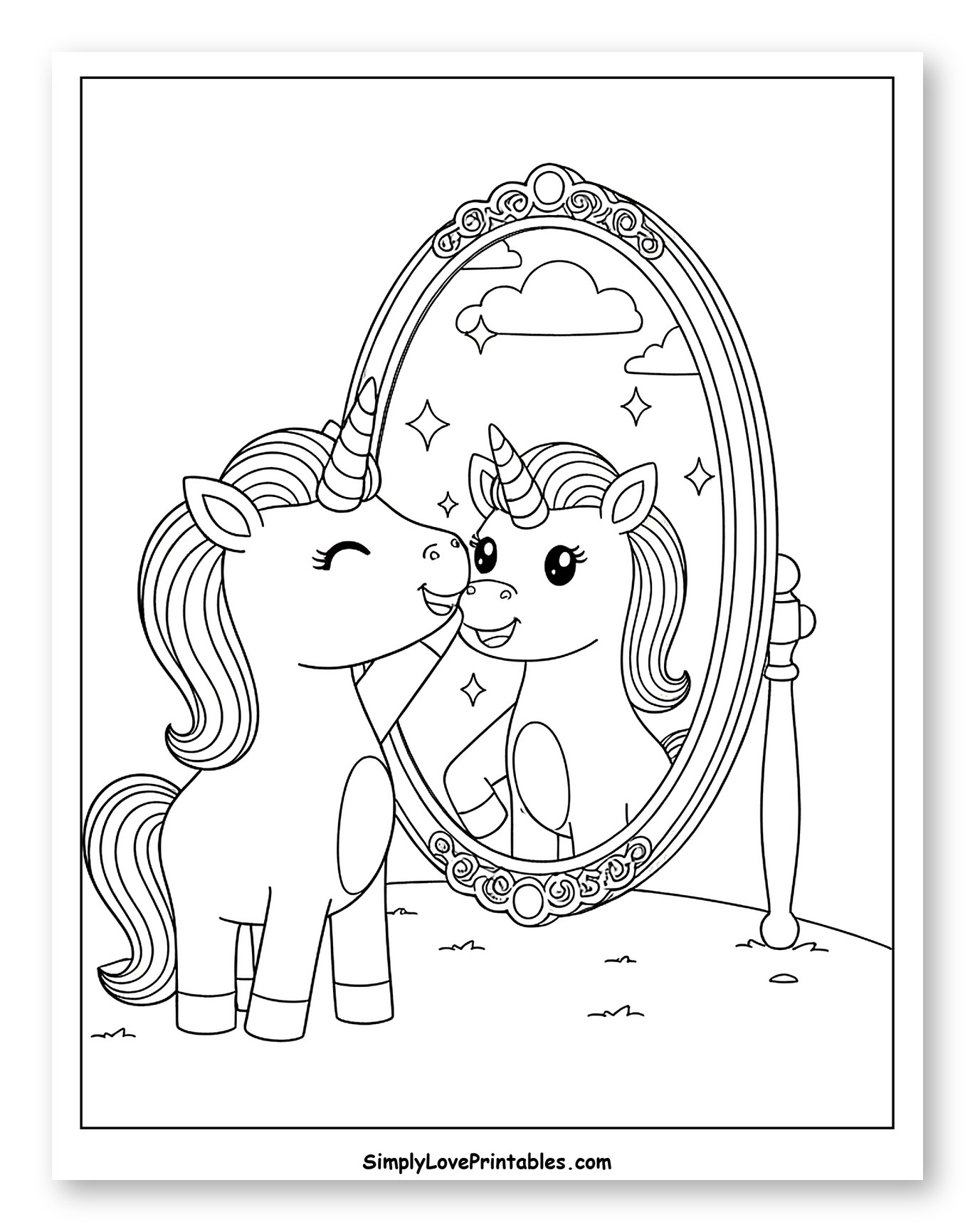 Smiling Unicorn Gazing at its Reflection Coloring Page for Kids
