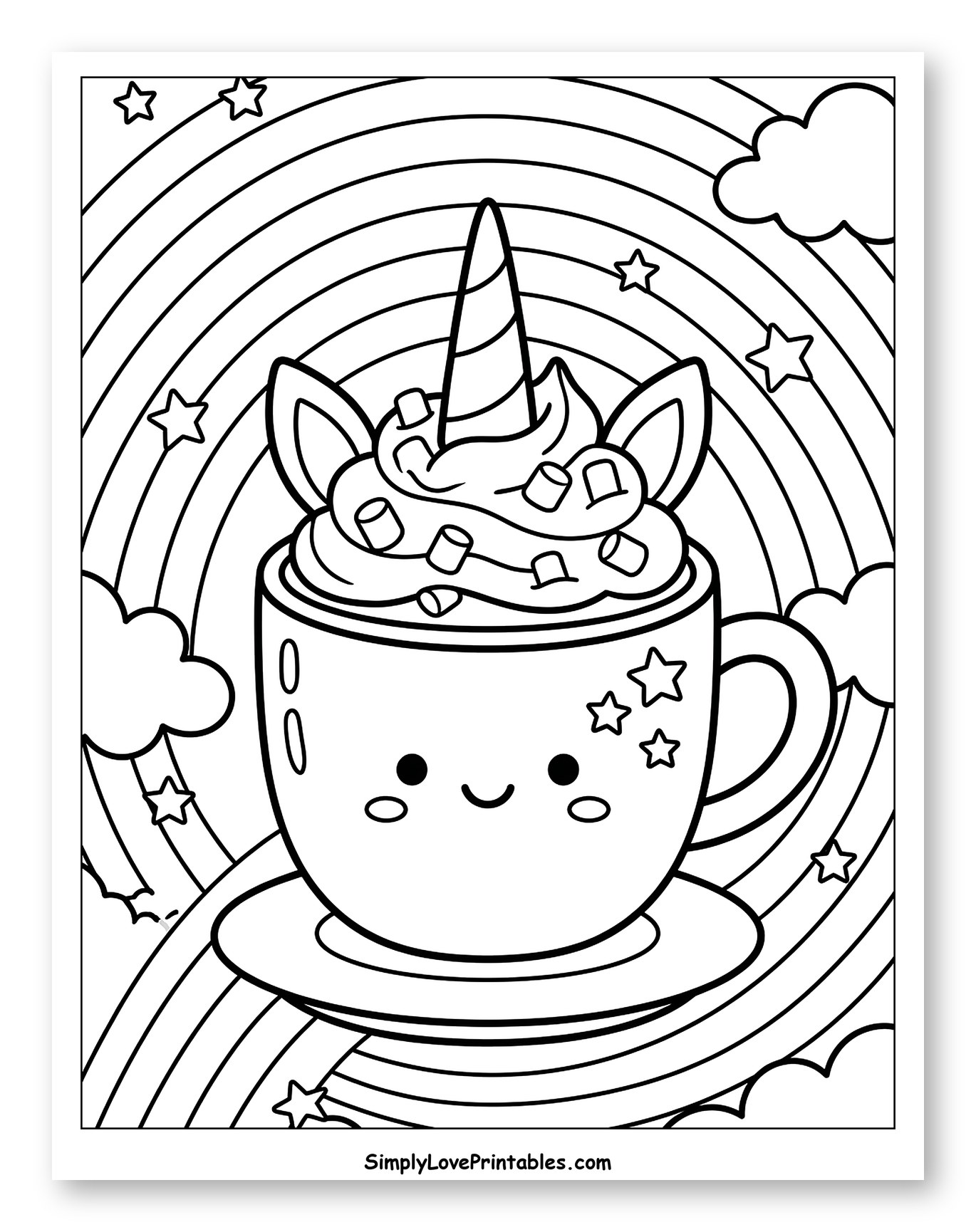 Smiling Unicorn Hot Chocolate with Rainbow and Stars to Color for Kids