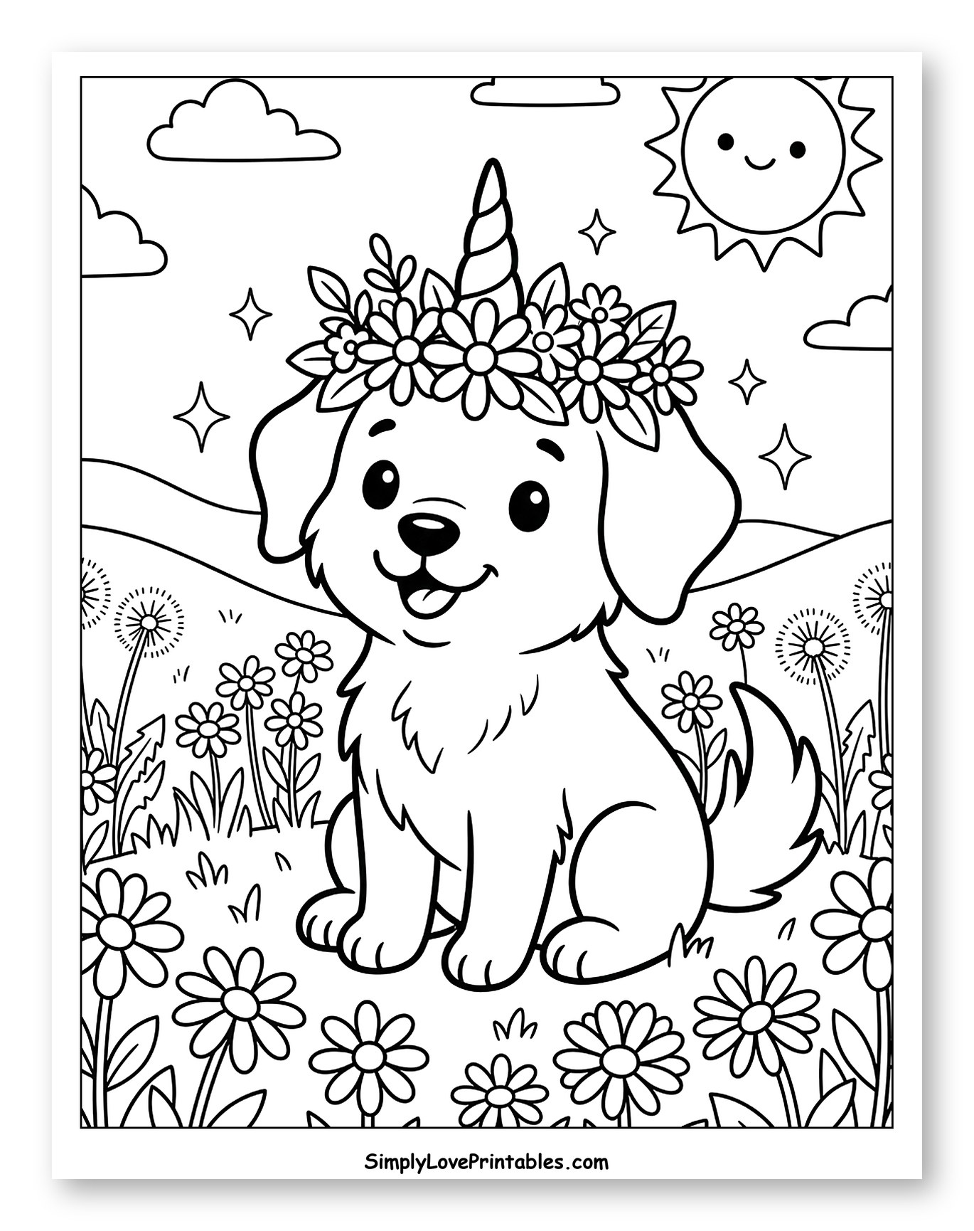 Smiling Unicorn Puppy in a Meadow