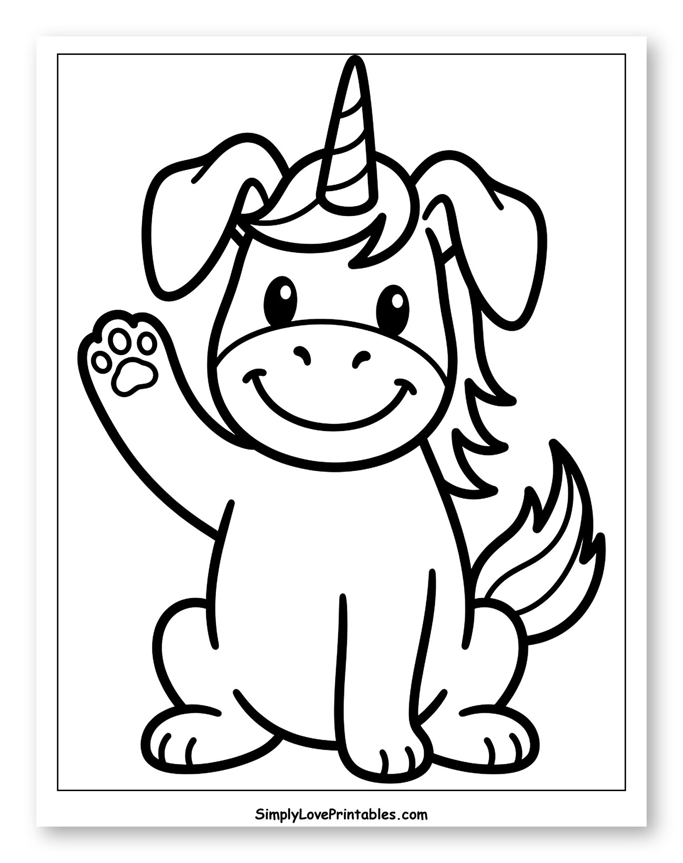 Smiling Unicorn Puppy Waving Paw Coloring Page for Toddlers