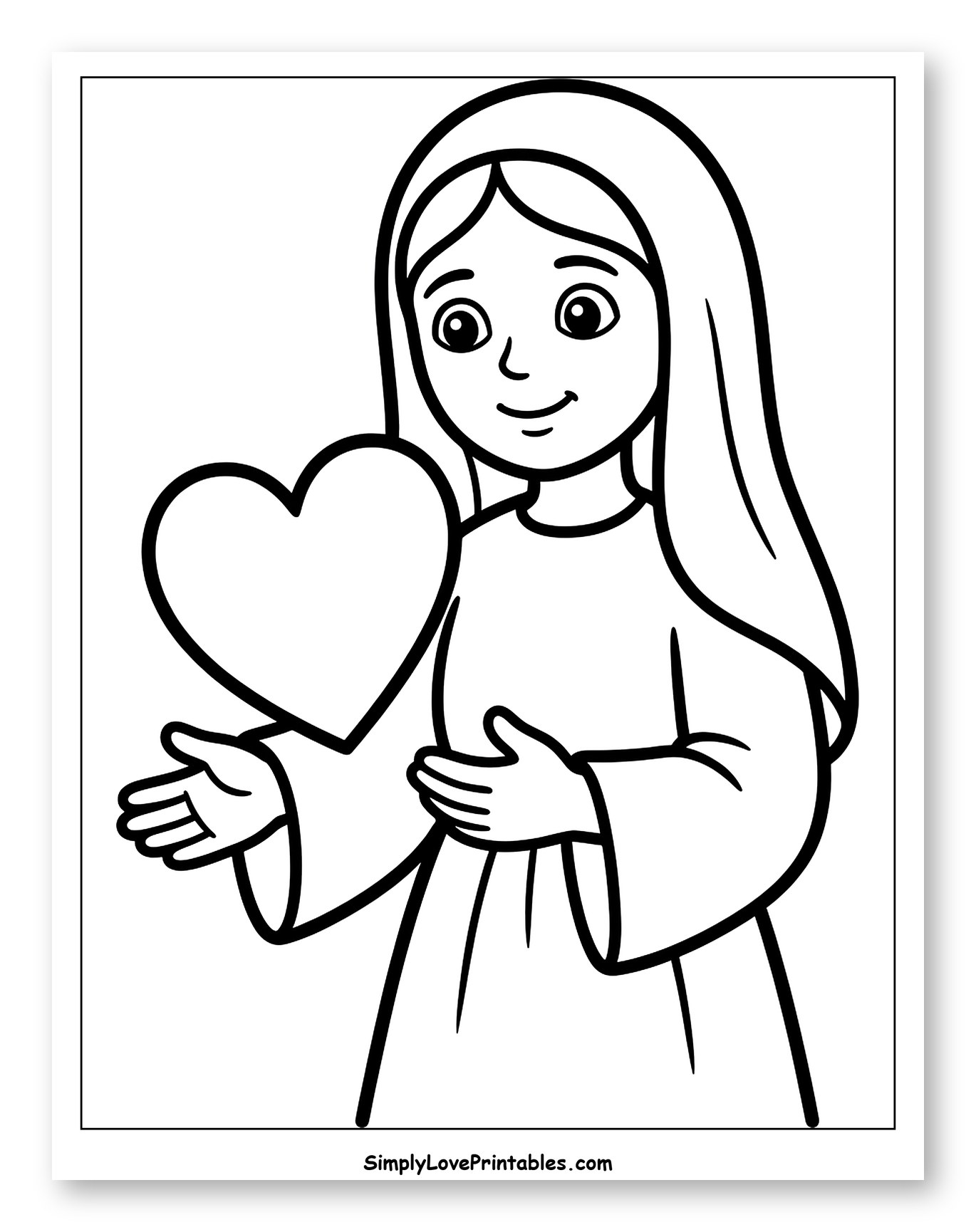 Smiling Virgin Mary Holding a Heart Coloring Sheet for Toddlers