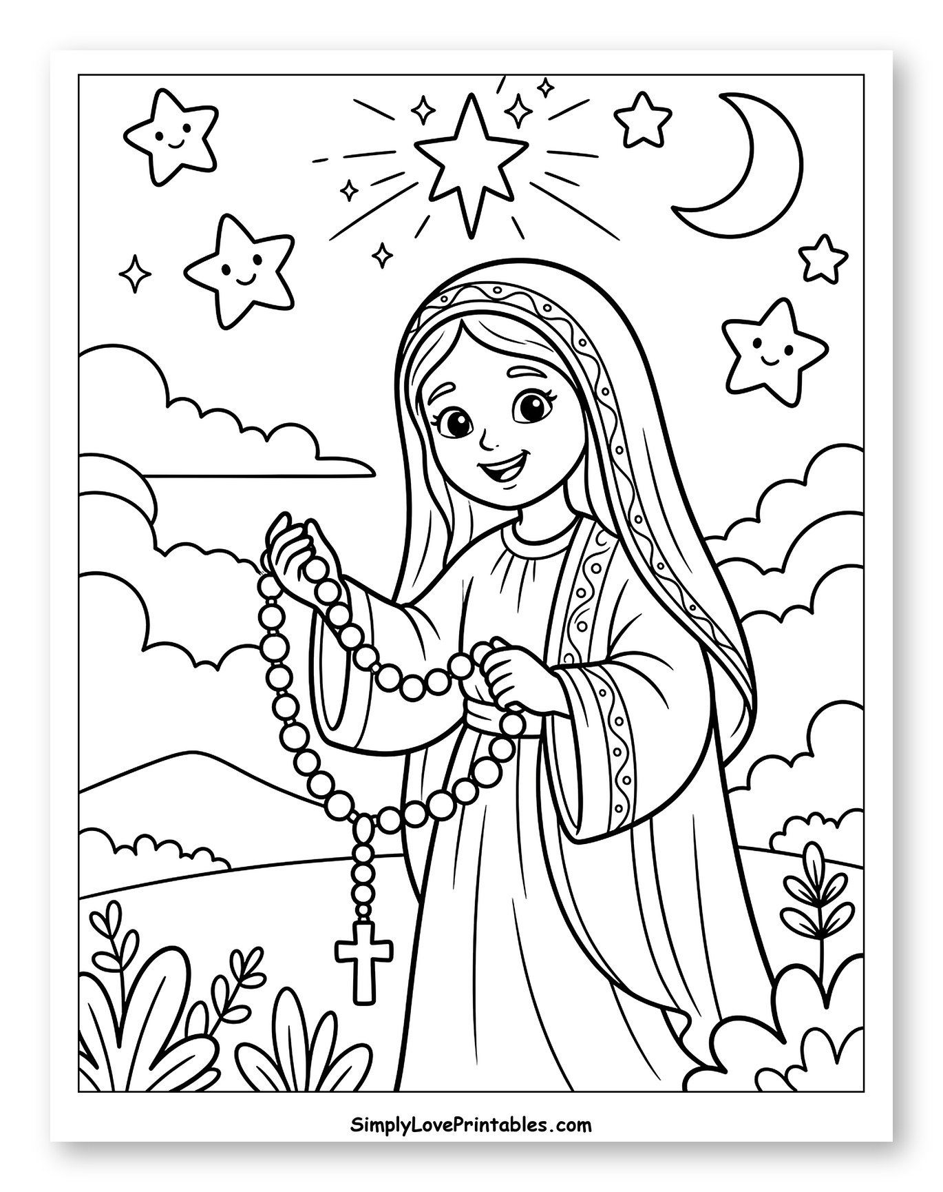 Smiling Virgin Mary Holding Rosary Under Stars