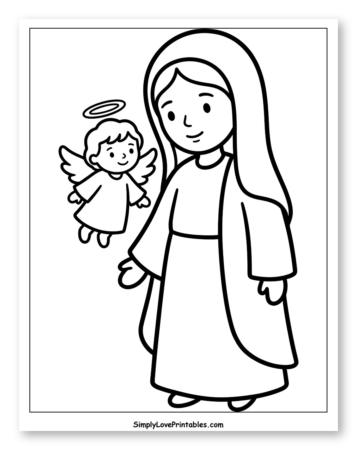 Smiling Virgin Mary with a Little Angel Coloring Page for Toddlers
