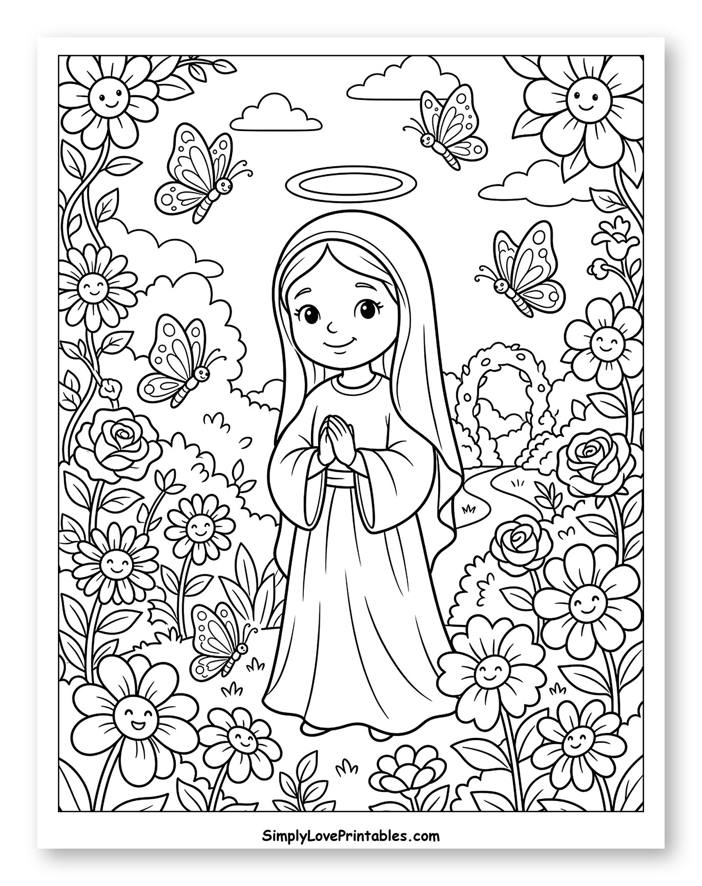 Smiling Virgin Mary with Butterflies and Flowers