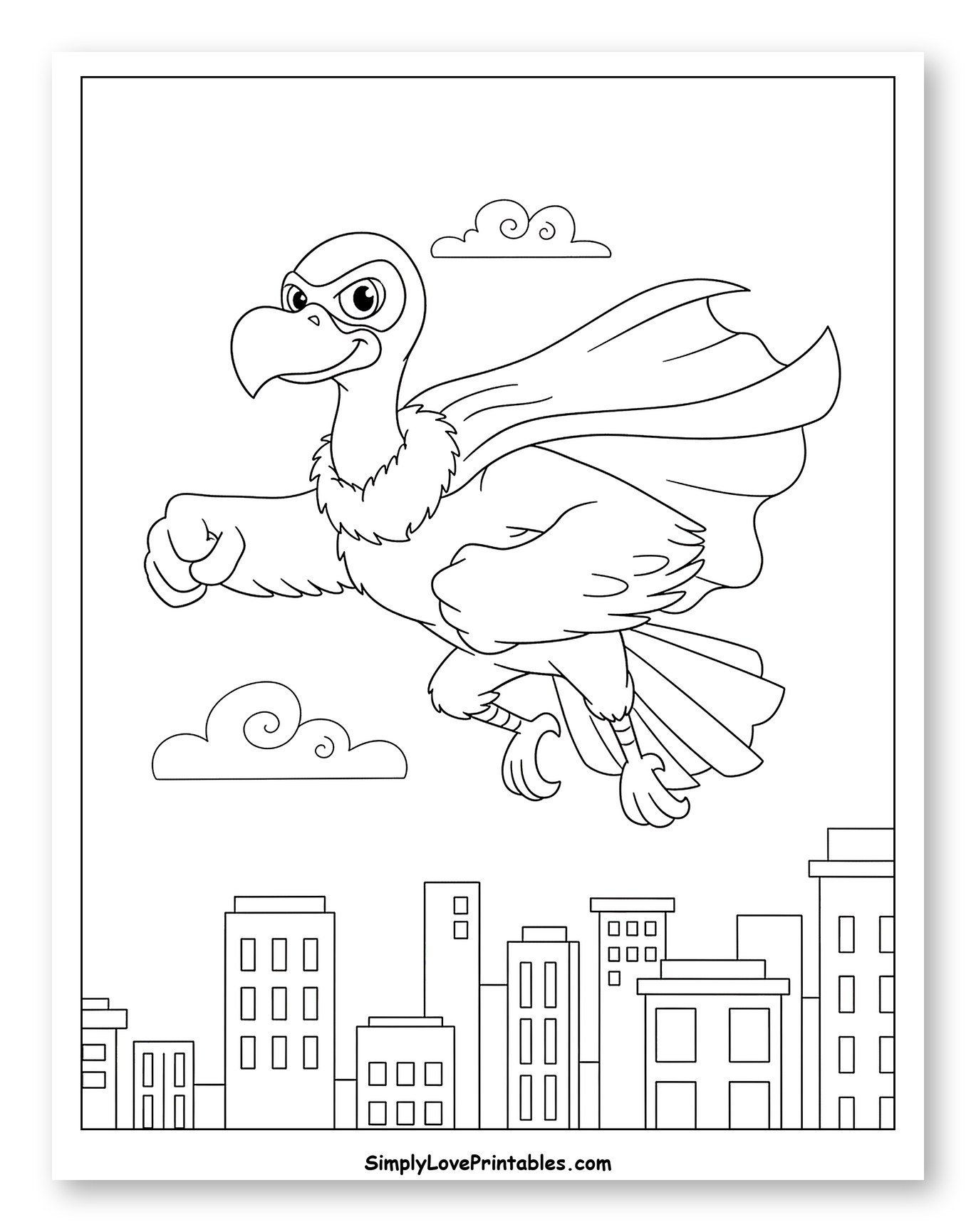 Smiling Vulture Superhero Soaring Over City Coloring Page for Kids