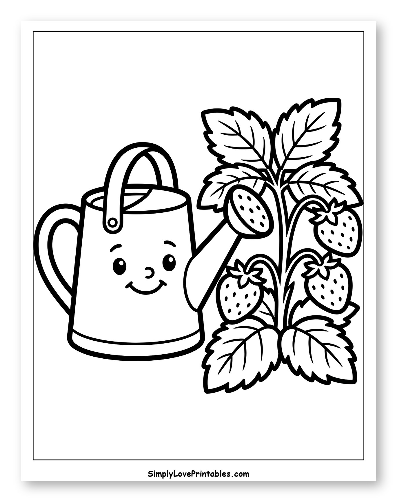 Smiling Watering Can and Strawberry Plant Coloring Page for Toddlers