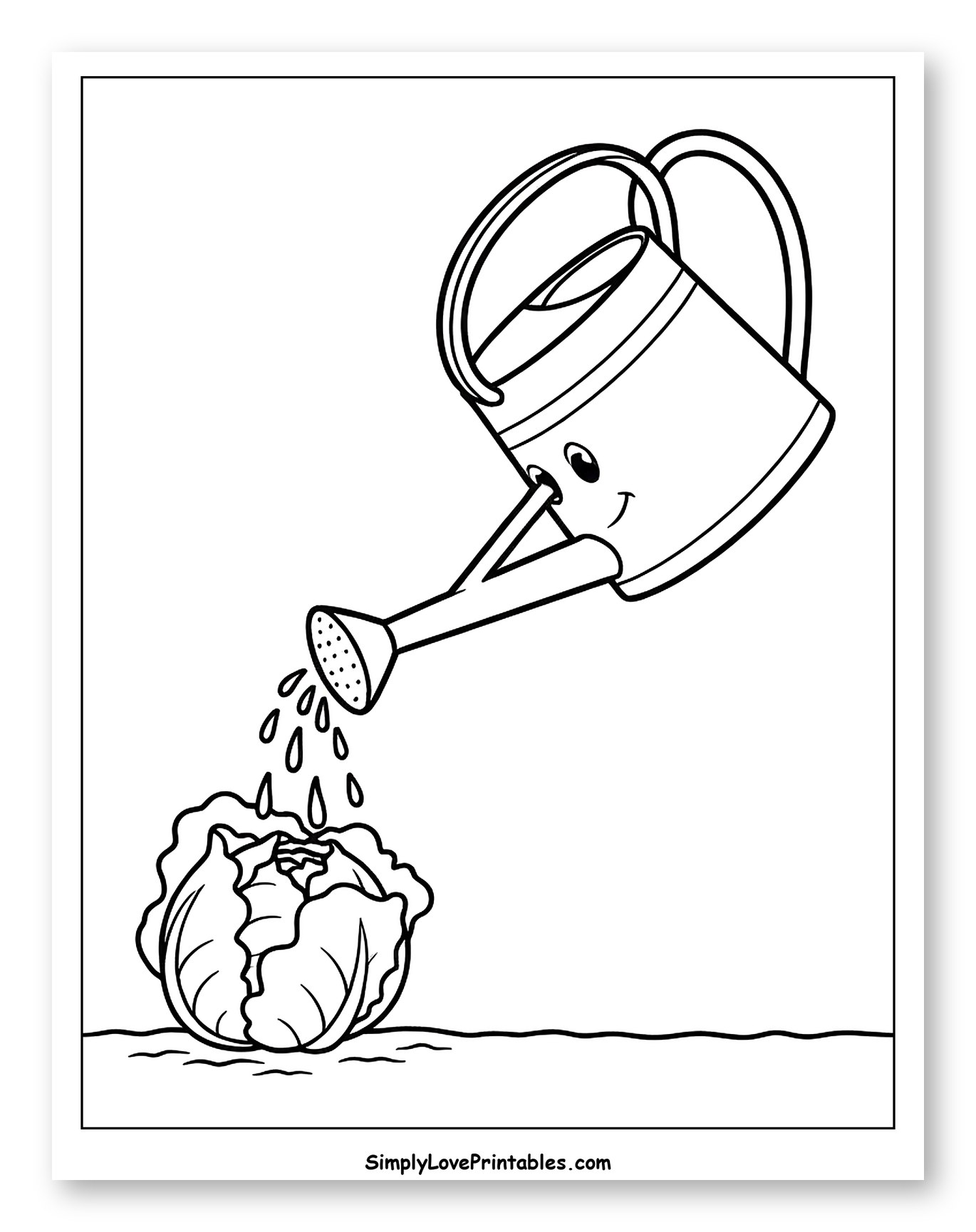 Smiling Watering Can Waters Head of Lettuce Coloring Sheet for Toddlers