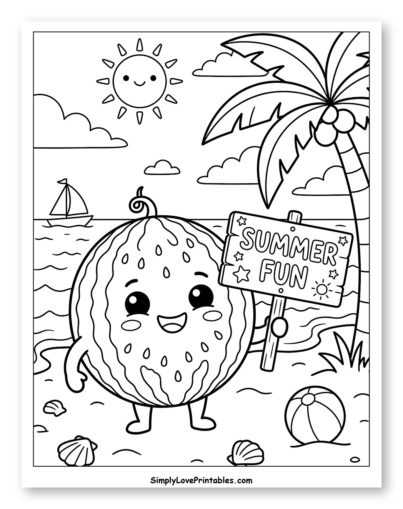 Smiling Watermelon Enjoying a Sunny Beach Day Coloring Sheet for Kids