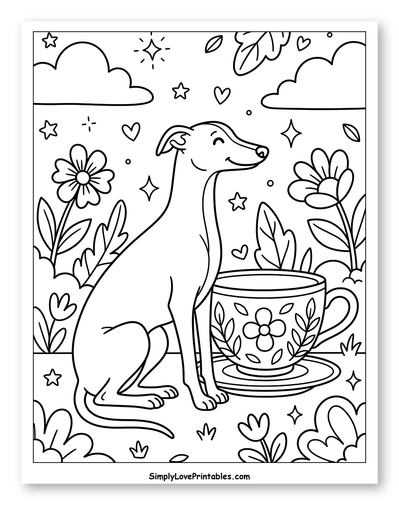 Smiling Whippet with Teacup in a Whimsical Garden