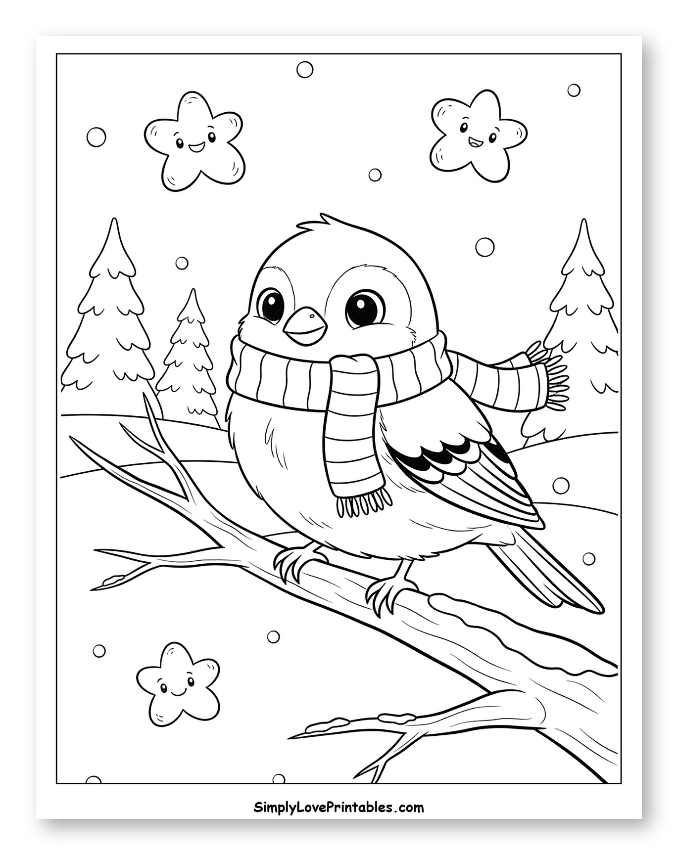 Smiling Winter Bird on Branch with Stars