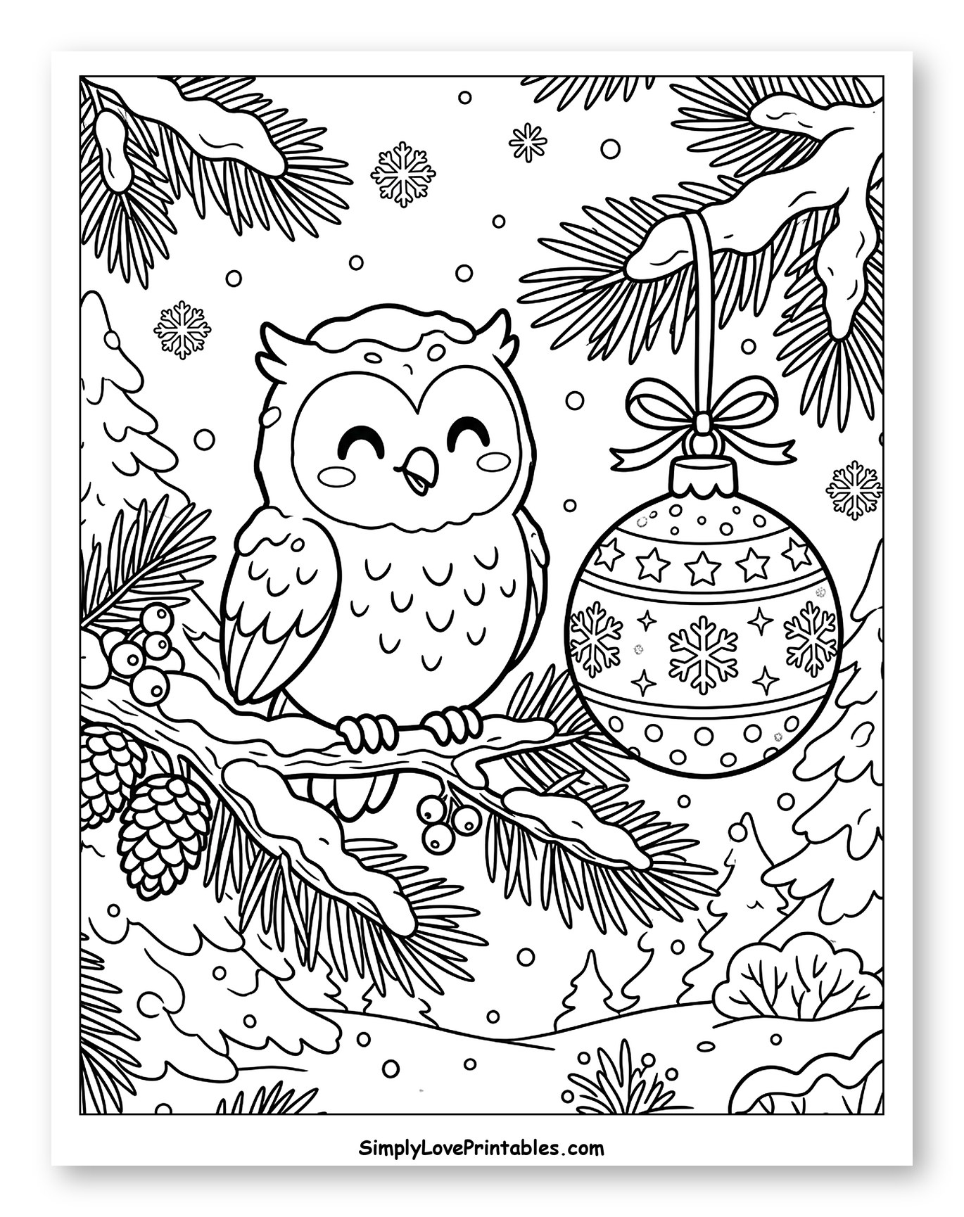 Smiling Winter Owl with Christmas Ornament