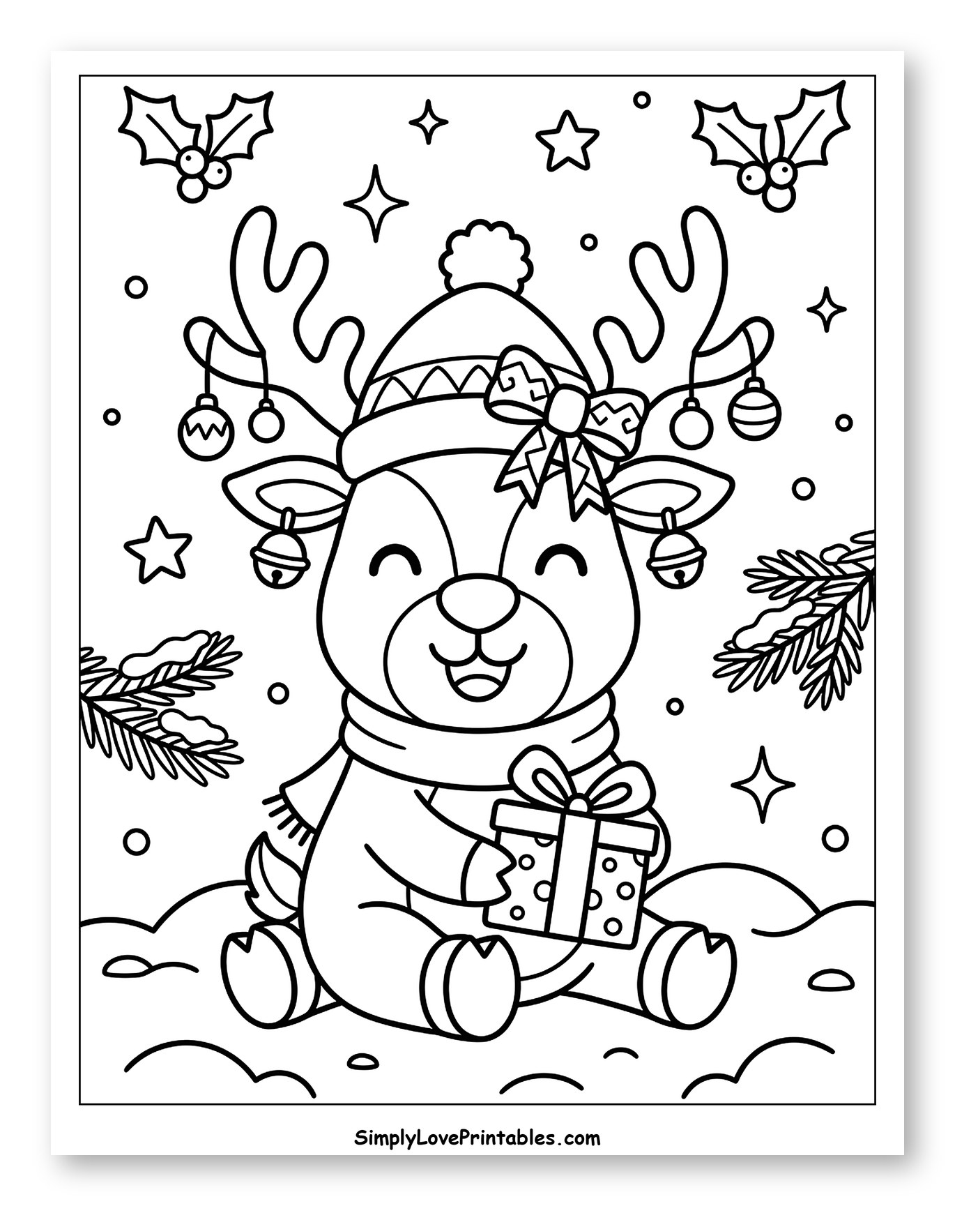 Smiling Winter Reindeer Holding a Christmas Gift Coloring Page for Adults