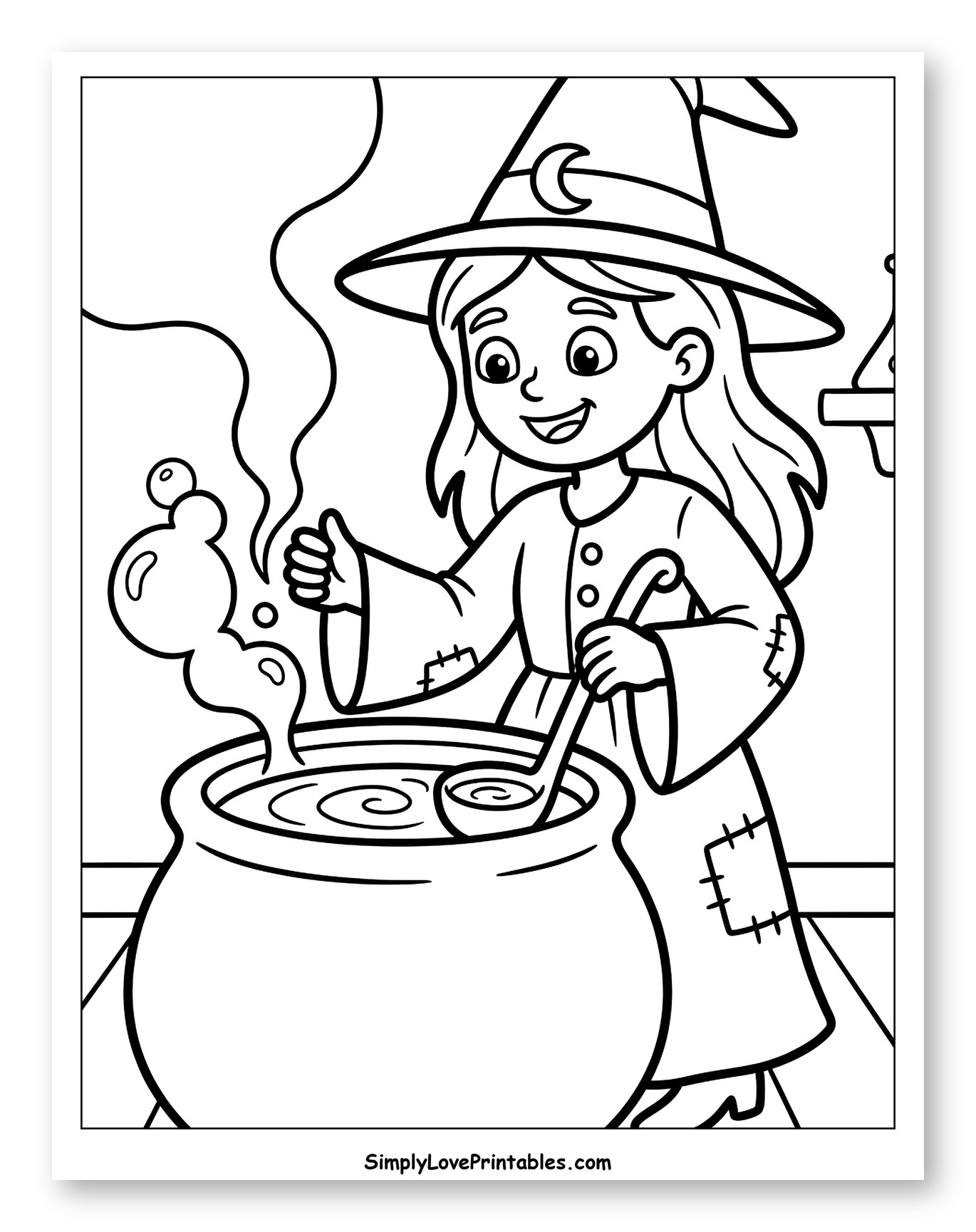 Smiling Witch Brewing Potions in Cauldron to Color for Toddlers