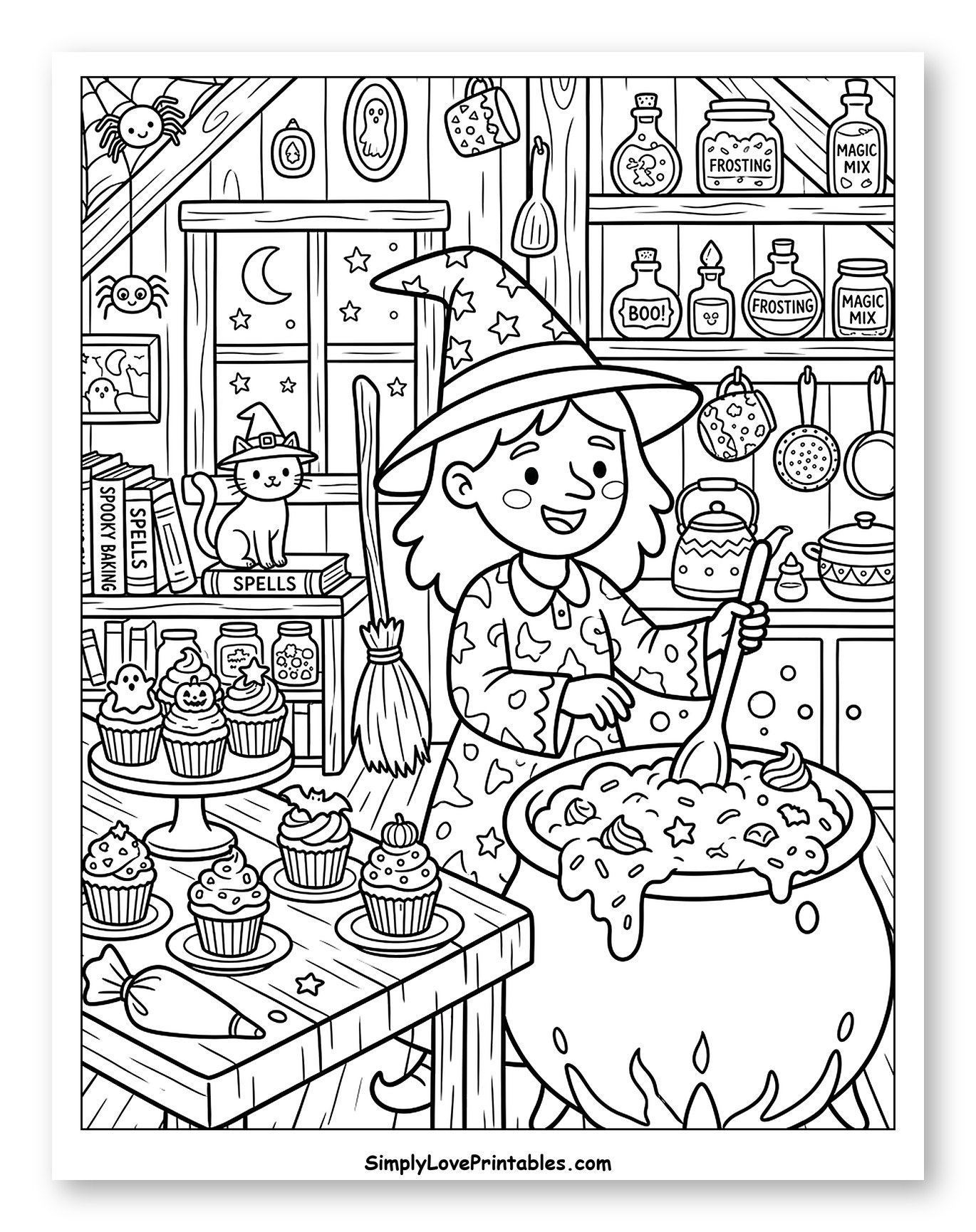 Smiling Witch Stirring Cauldron with Cupcakes