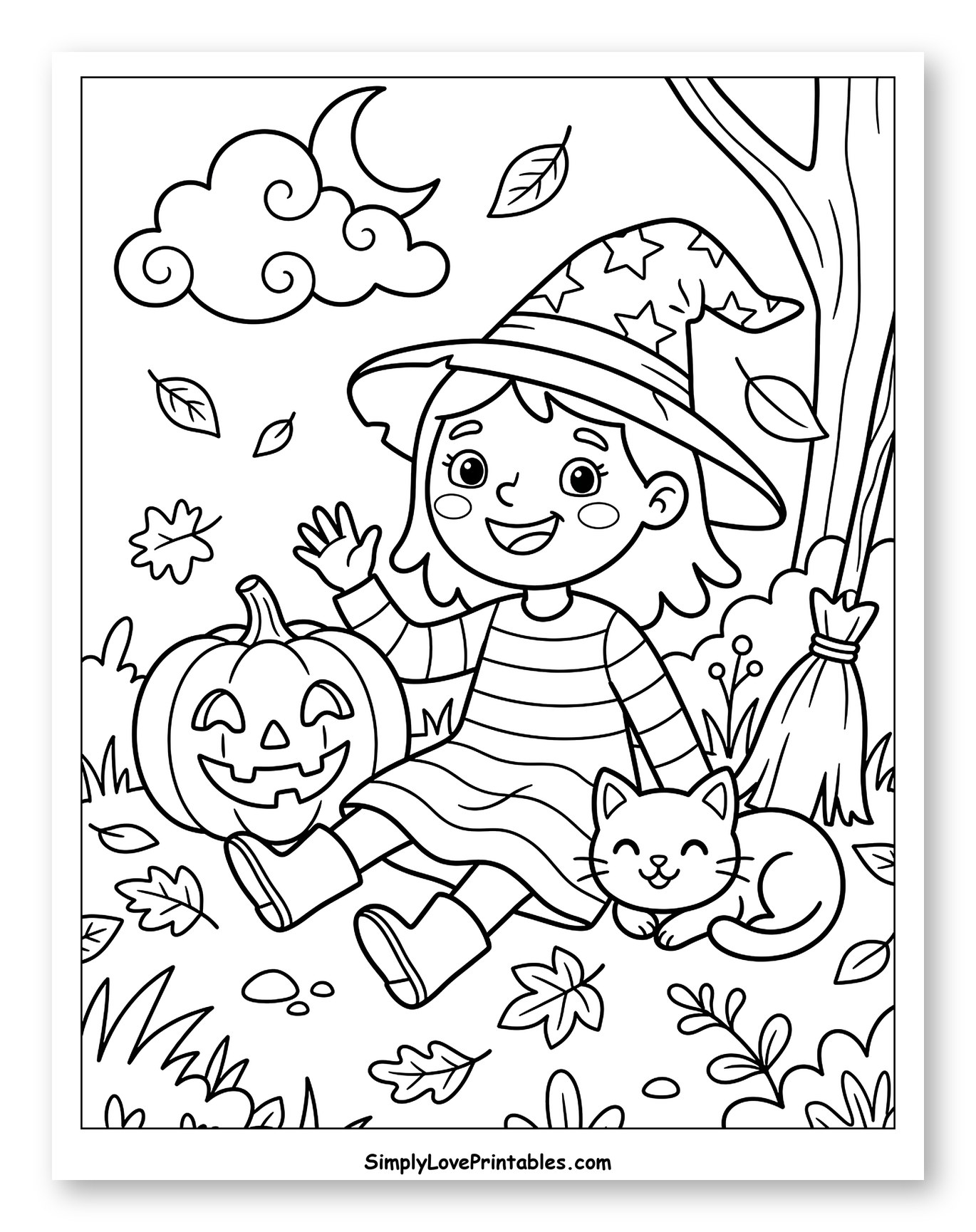 Smiling Witch with Cat, Pumpkin, and Broom