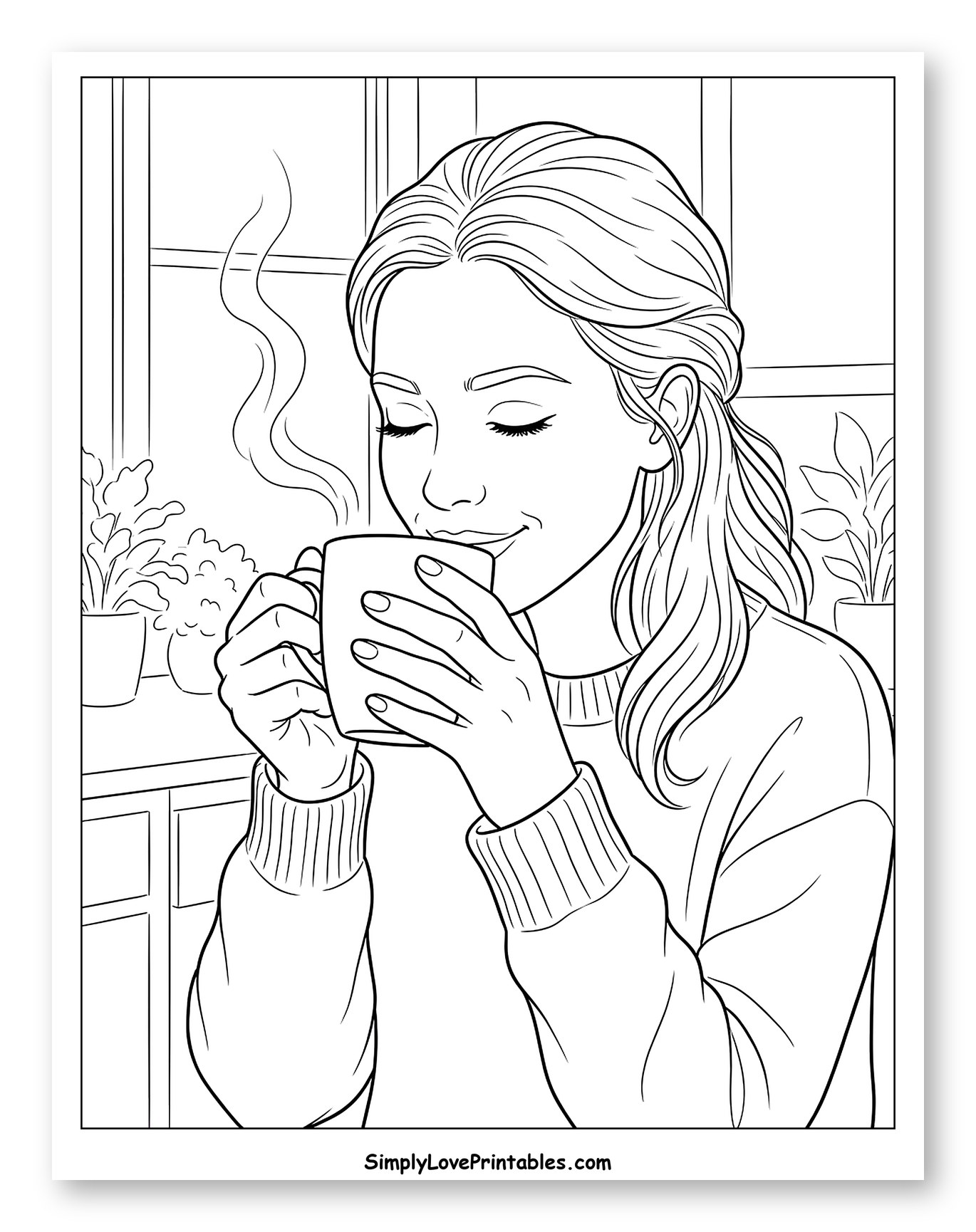 Smiling Woman Sipping Hot Coffee by Window Coloring Page