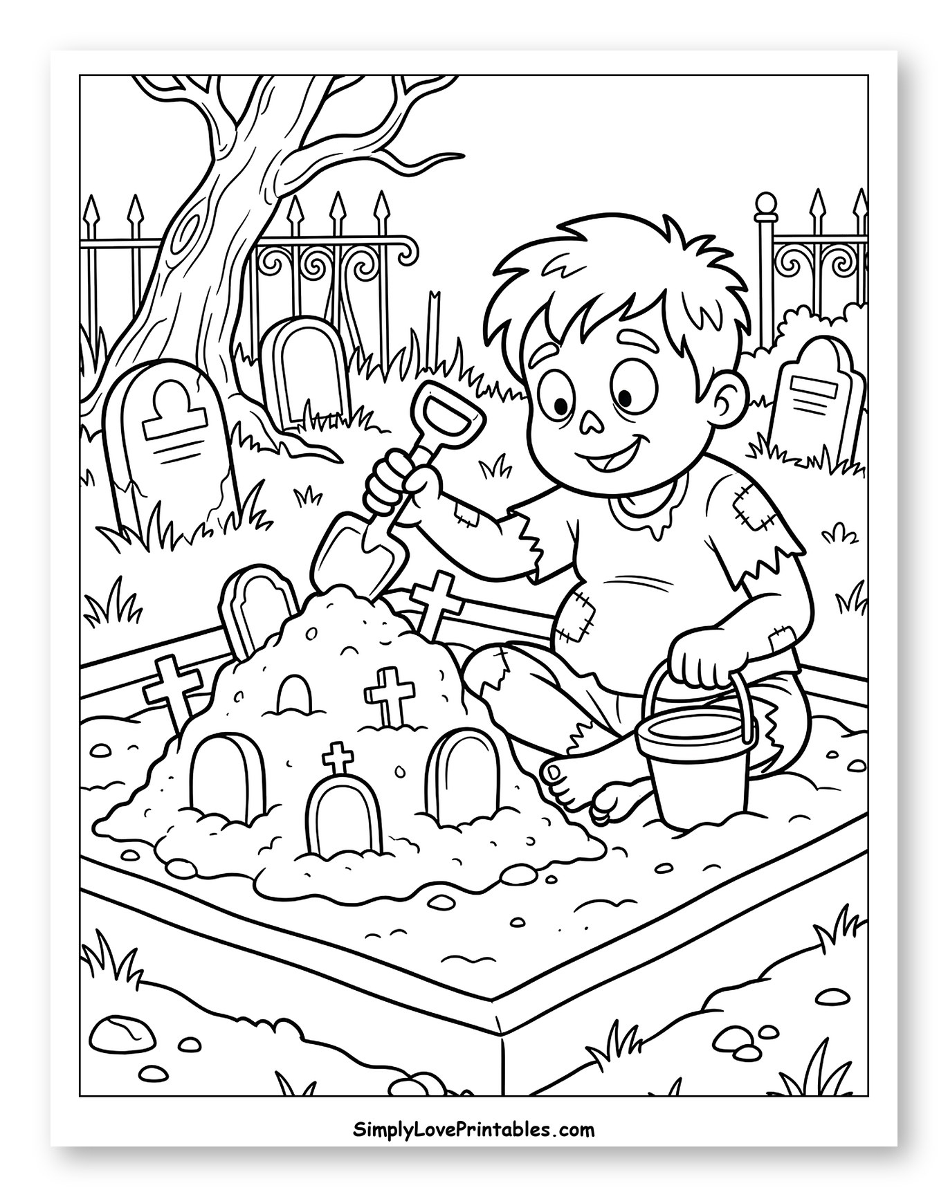 Smiling Zombie Child Building Miniature Gravestones to Color for Kids