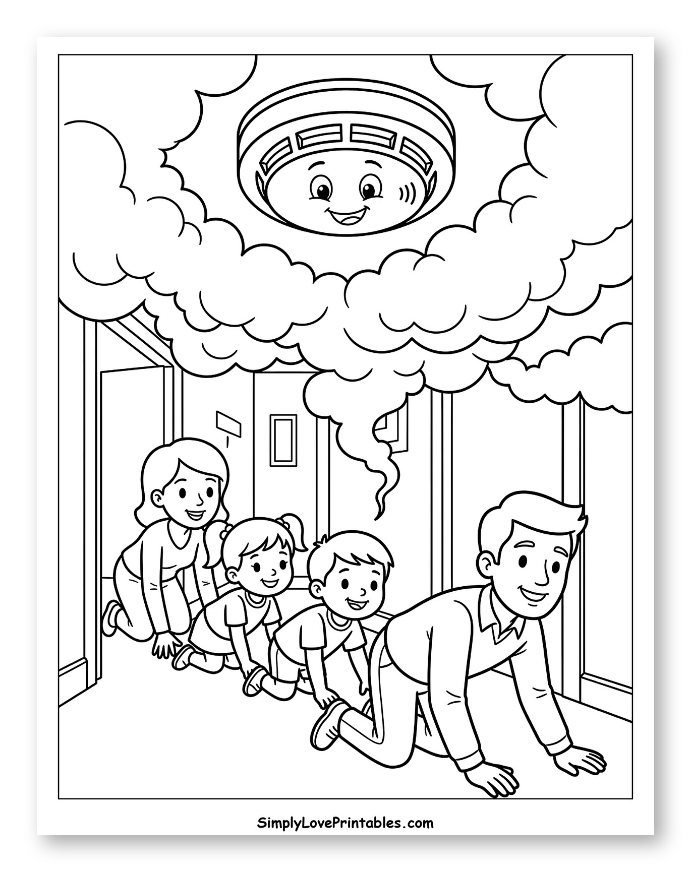 Smoke Detector Warns Family in Smoke Coloring Sheet for Kids