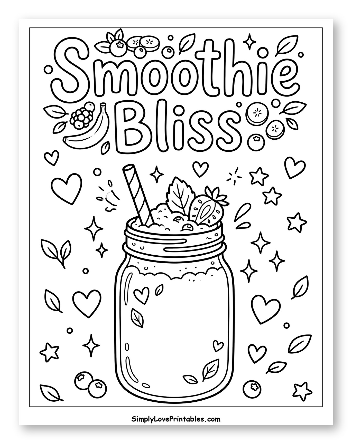 Smoothie Bliss Jar with Fruits and Stars Coloring Page for Adults