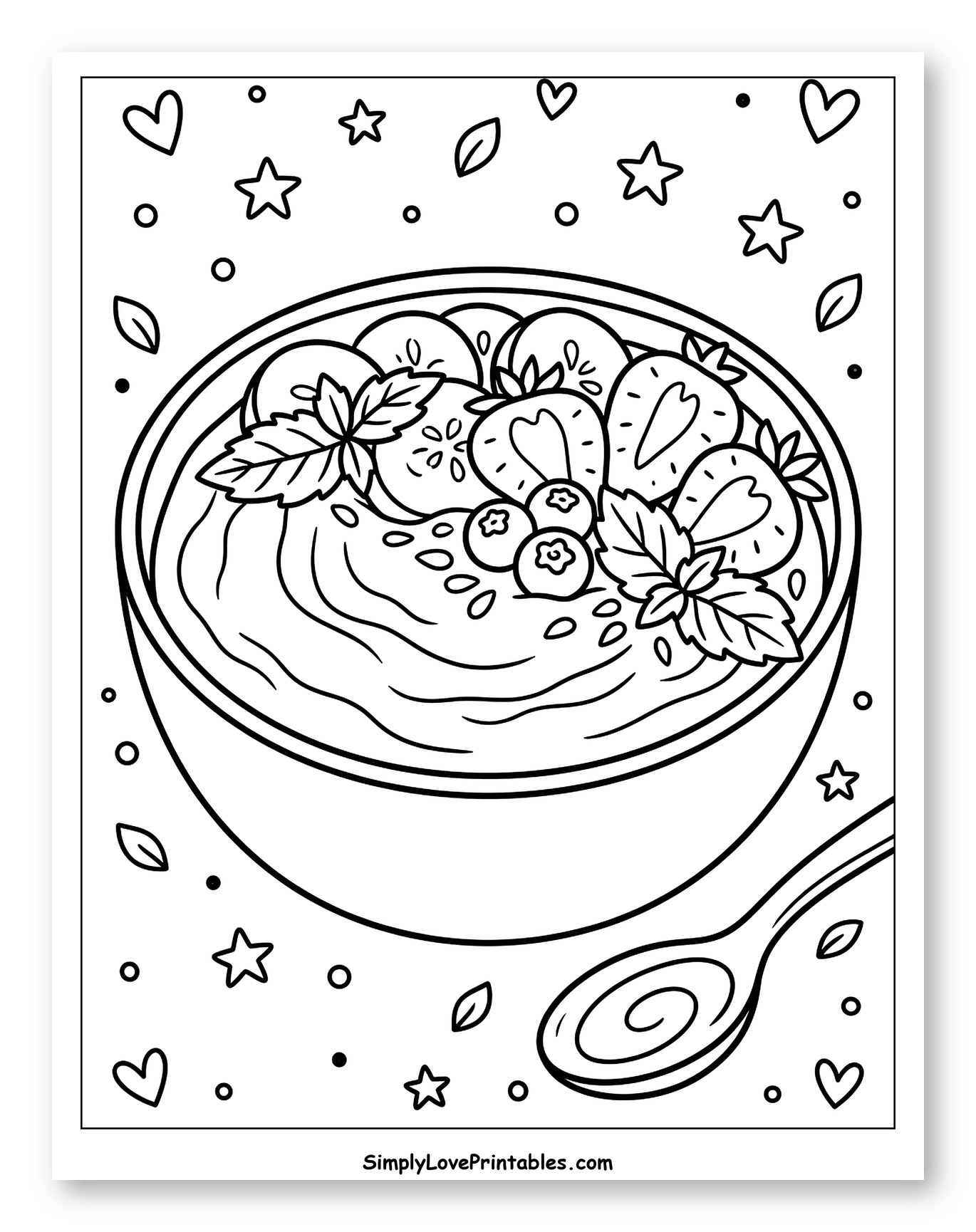 Smoothie Bowl with Strawberries, Blueberries, and Kiwi Coloring Sheet for Adults