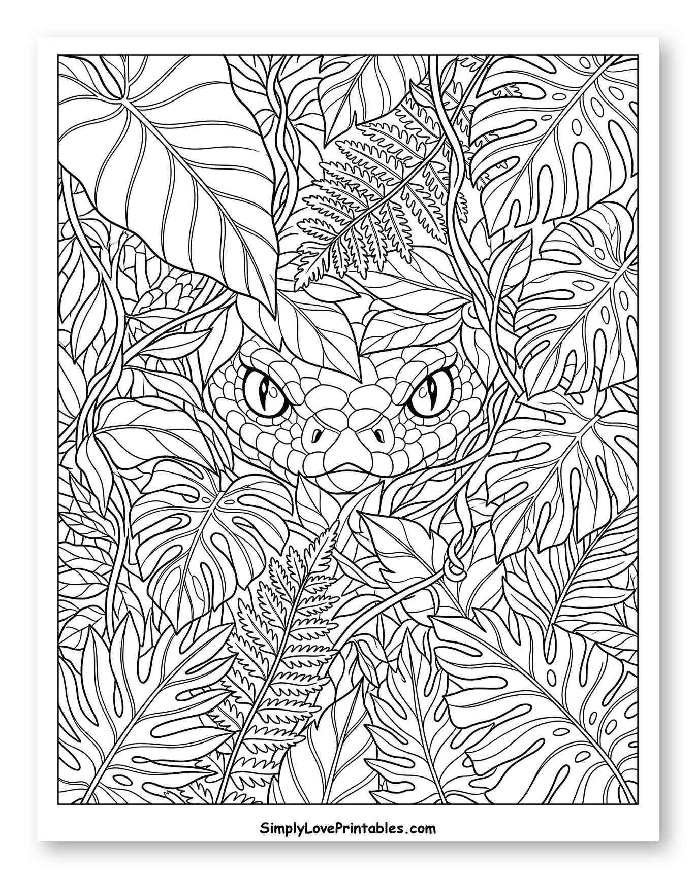 Snake Peeking Through Jungle Leaves Coloring Page