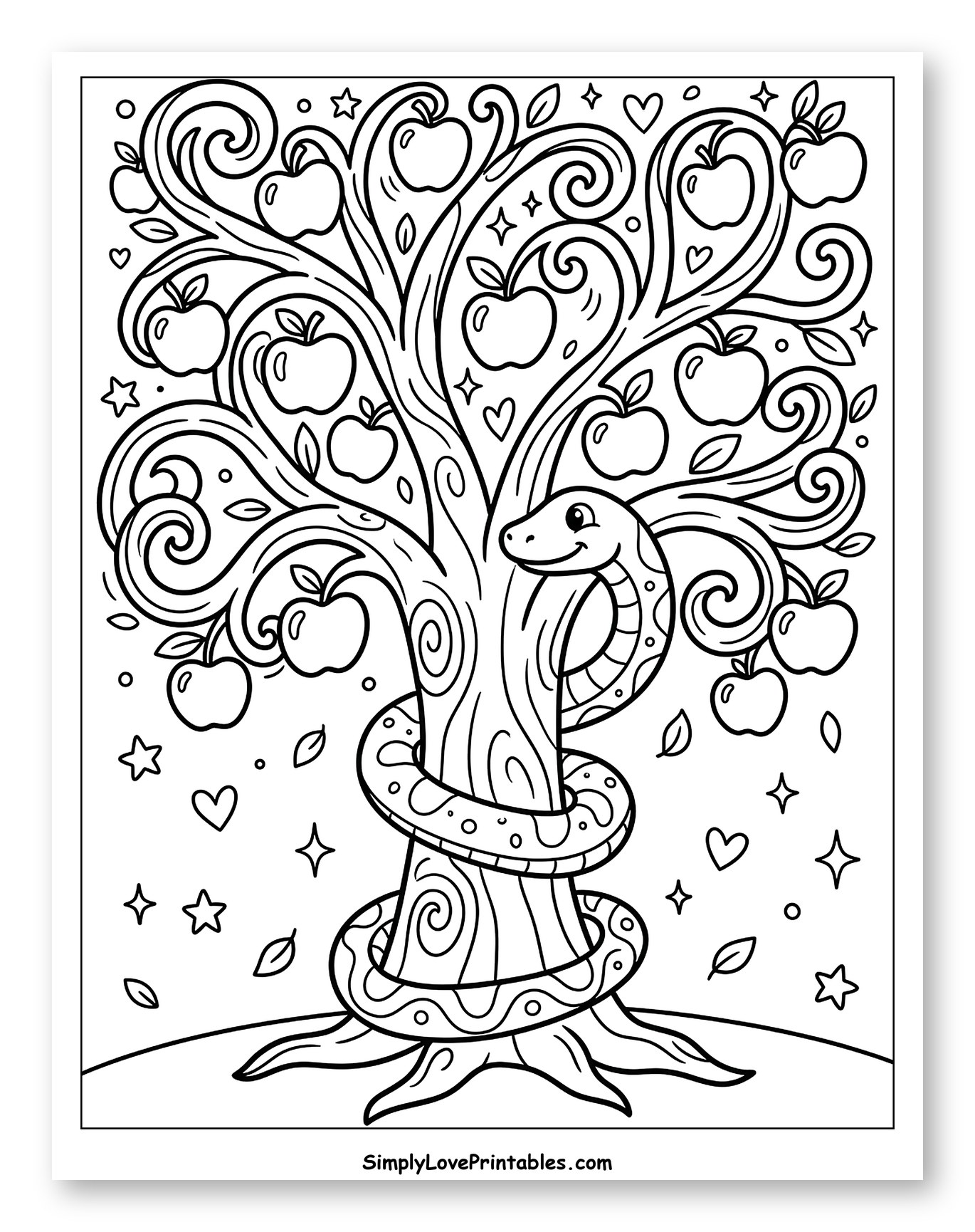 Snake Wrapped Around an Apple Tree Coloring Sheet for Adults