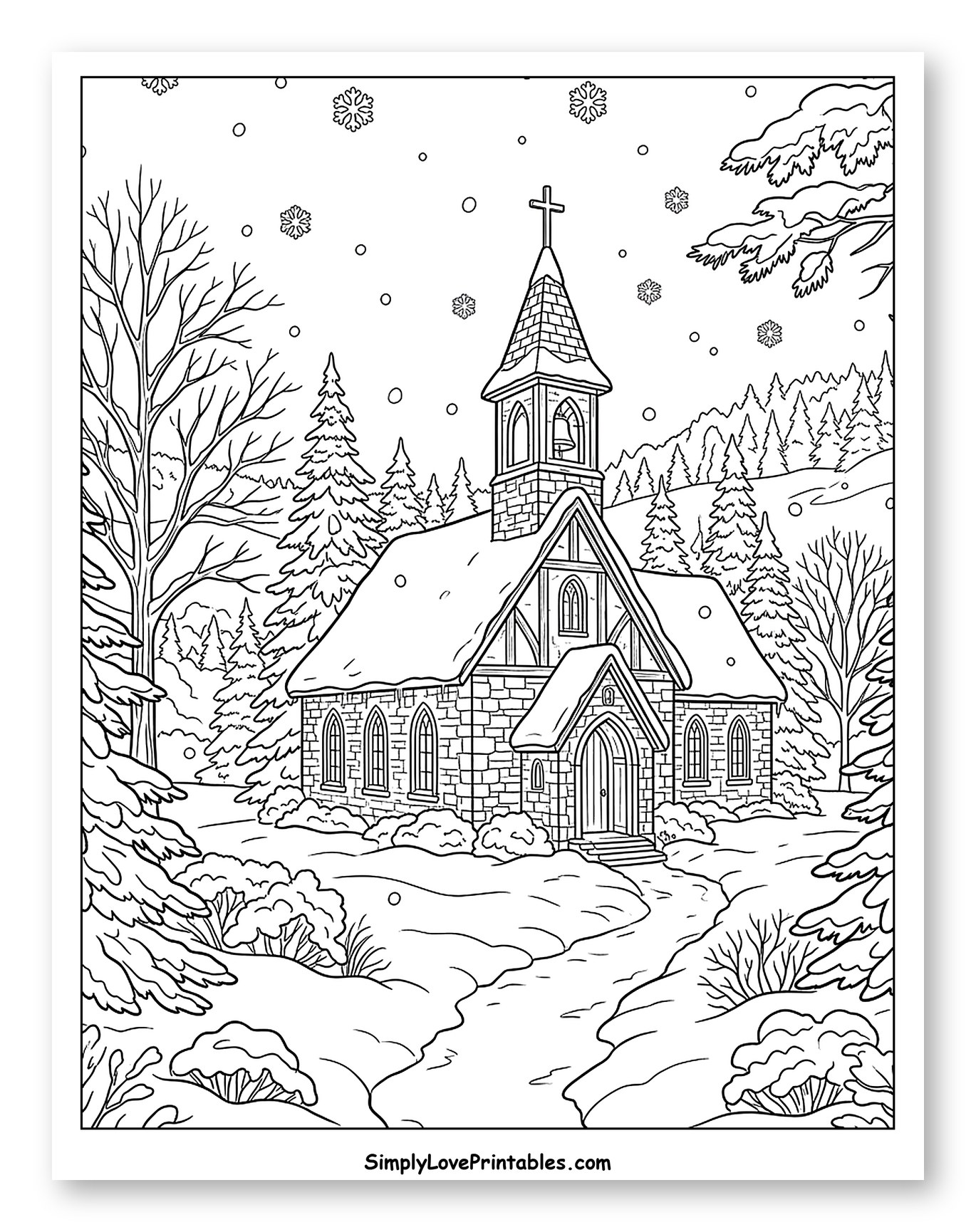 Snow-Covered Church in Winter Landscape Coloring Page