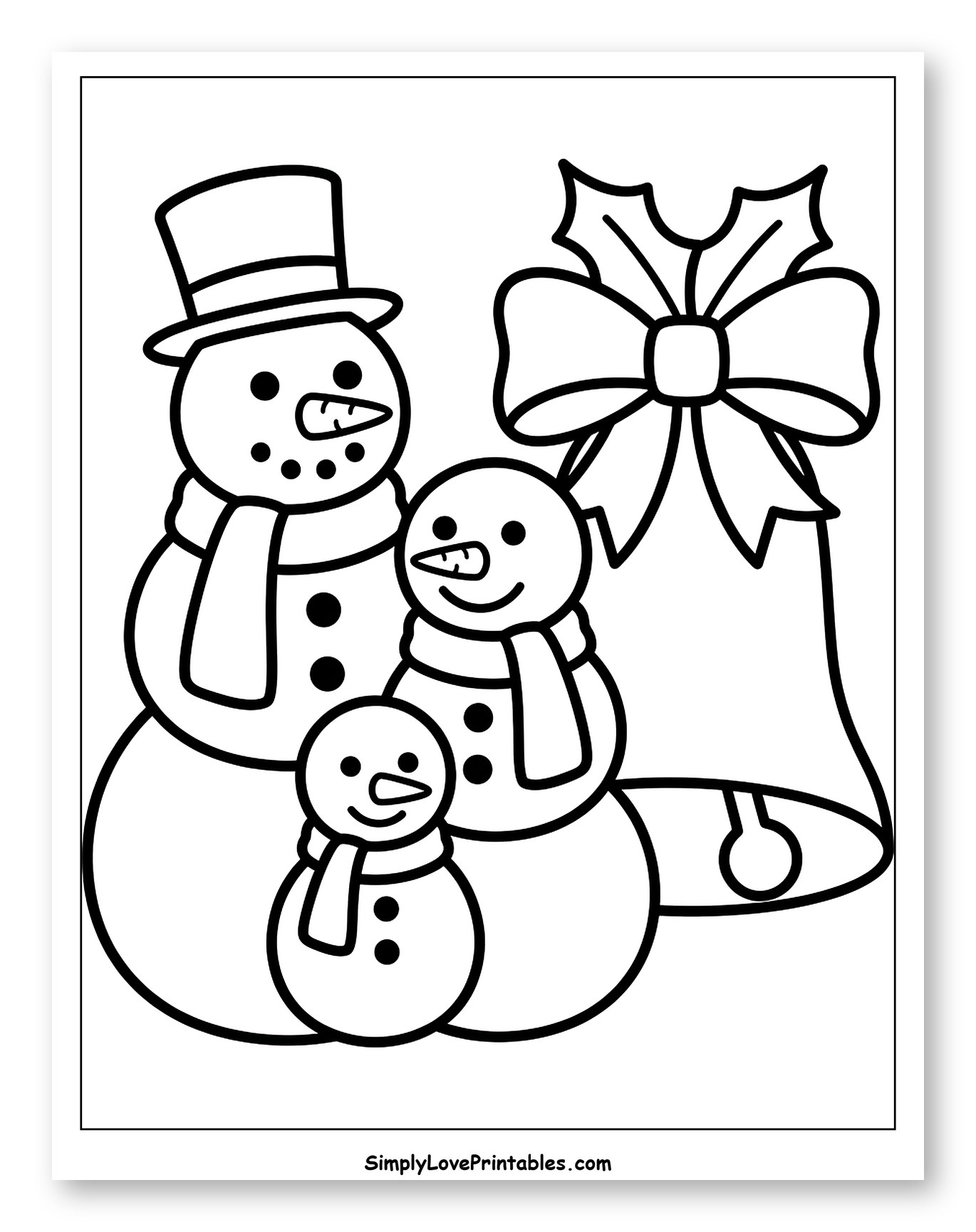 Snowman Family and a Festive Christmas Bell Coloring Page for Toddlers