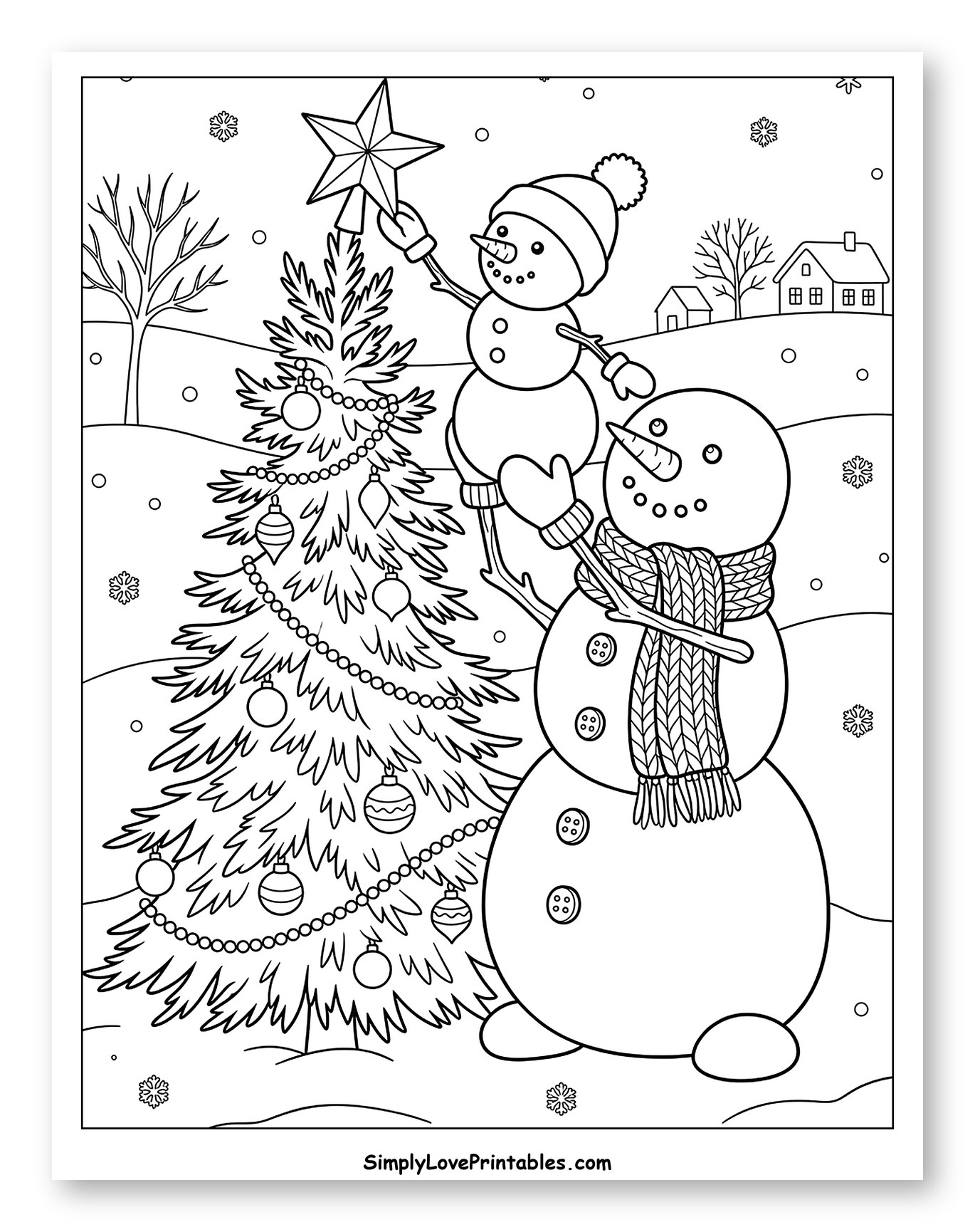 Snowman Family Decorating a Christmas Tree Coloring Sheet