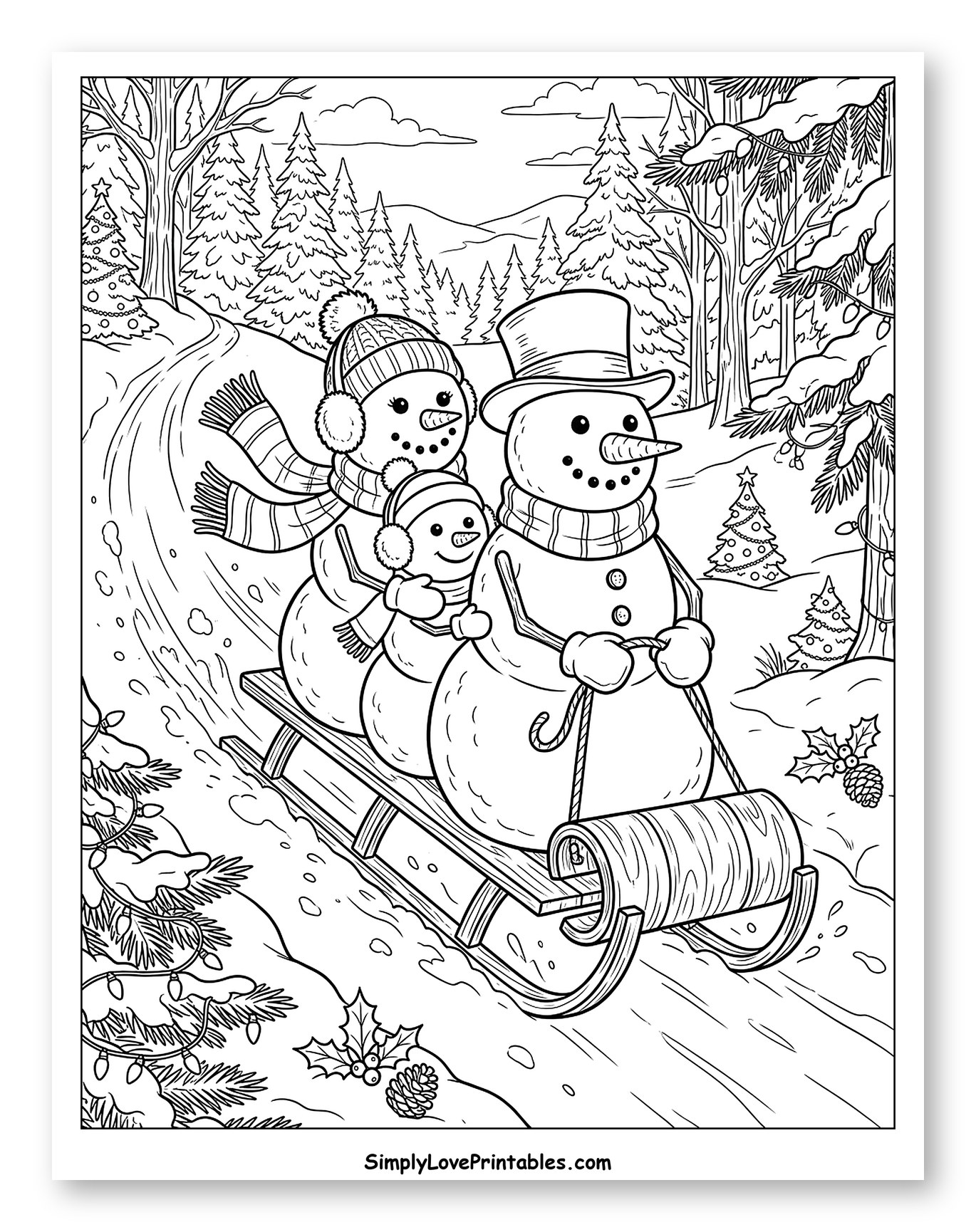 Snowman Family Riding a Wooden Sled Coloring Page