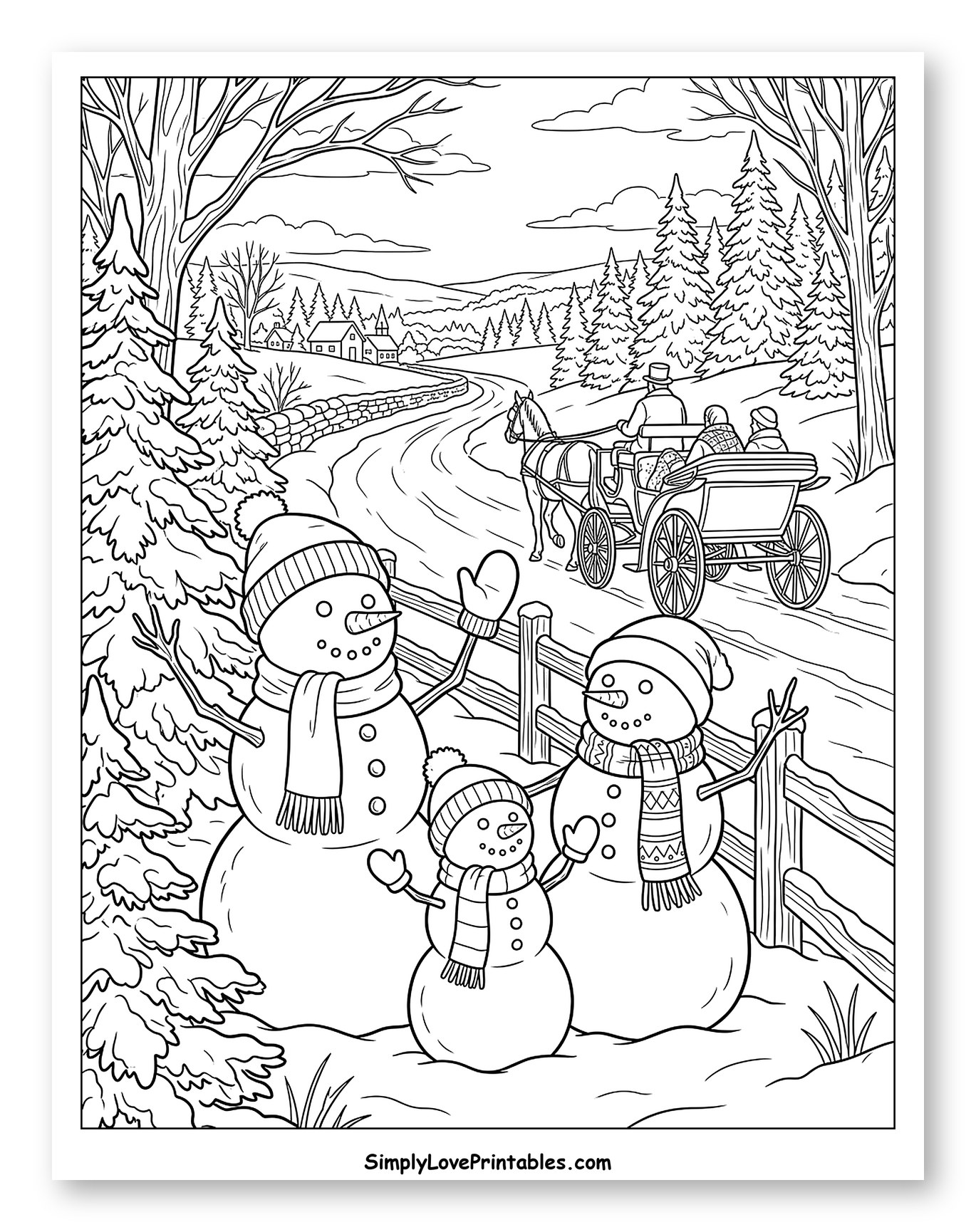 Snowman Family Waving to a Horse-Drawn Carriage Coloring Sheet