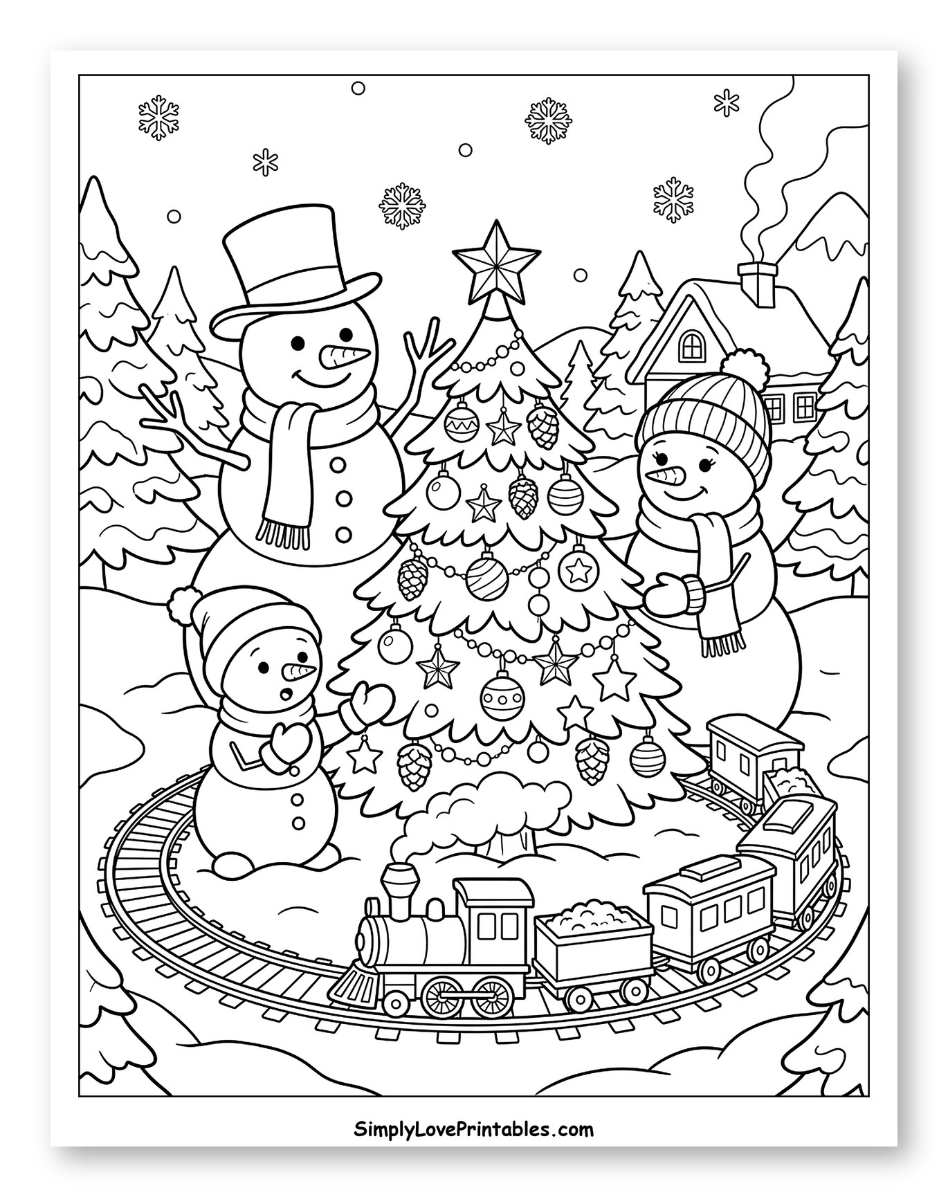 Snowman Family with Christmas Tree and Toy Train Coloring Sheet for Kids