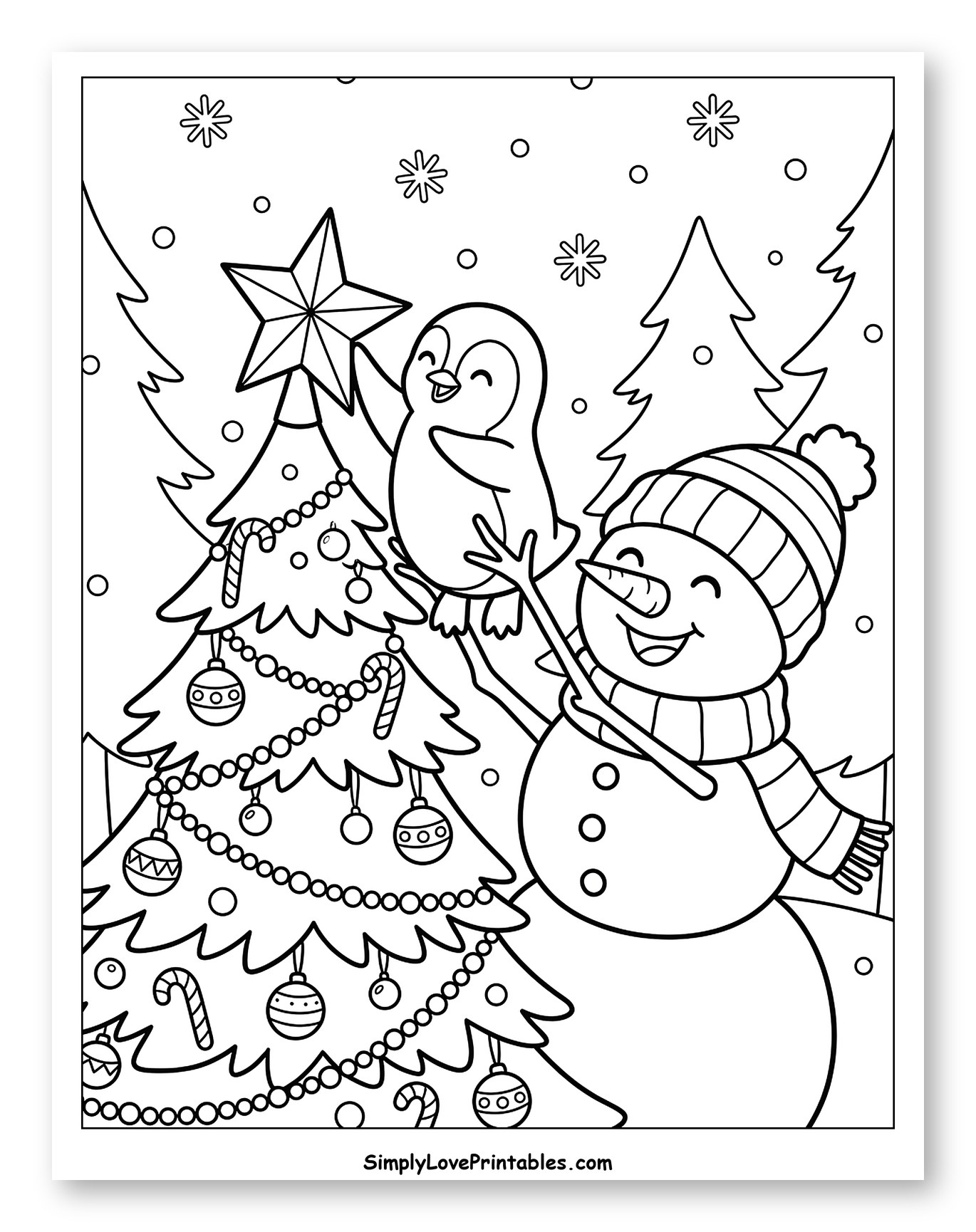 Snowman Helping a Penguin Decorate a Christmas Tree