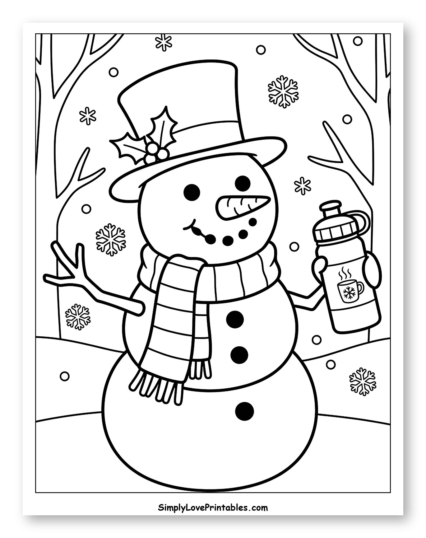 Snowman Holding a Bottle in a Snowy Forest