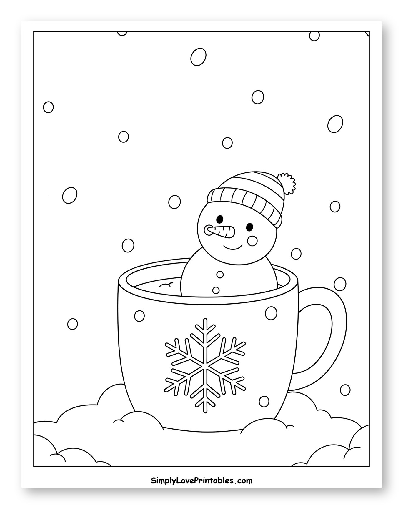 Snowman in a Snowflake Mug to Color for Kids