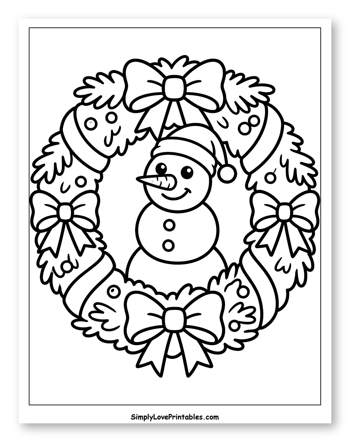 Snowman Inside a Festive Holiday Wreath Coloring Page for Toddlers
